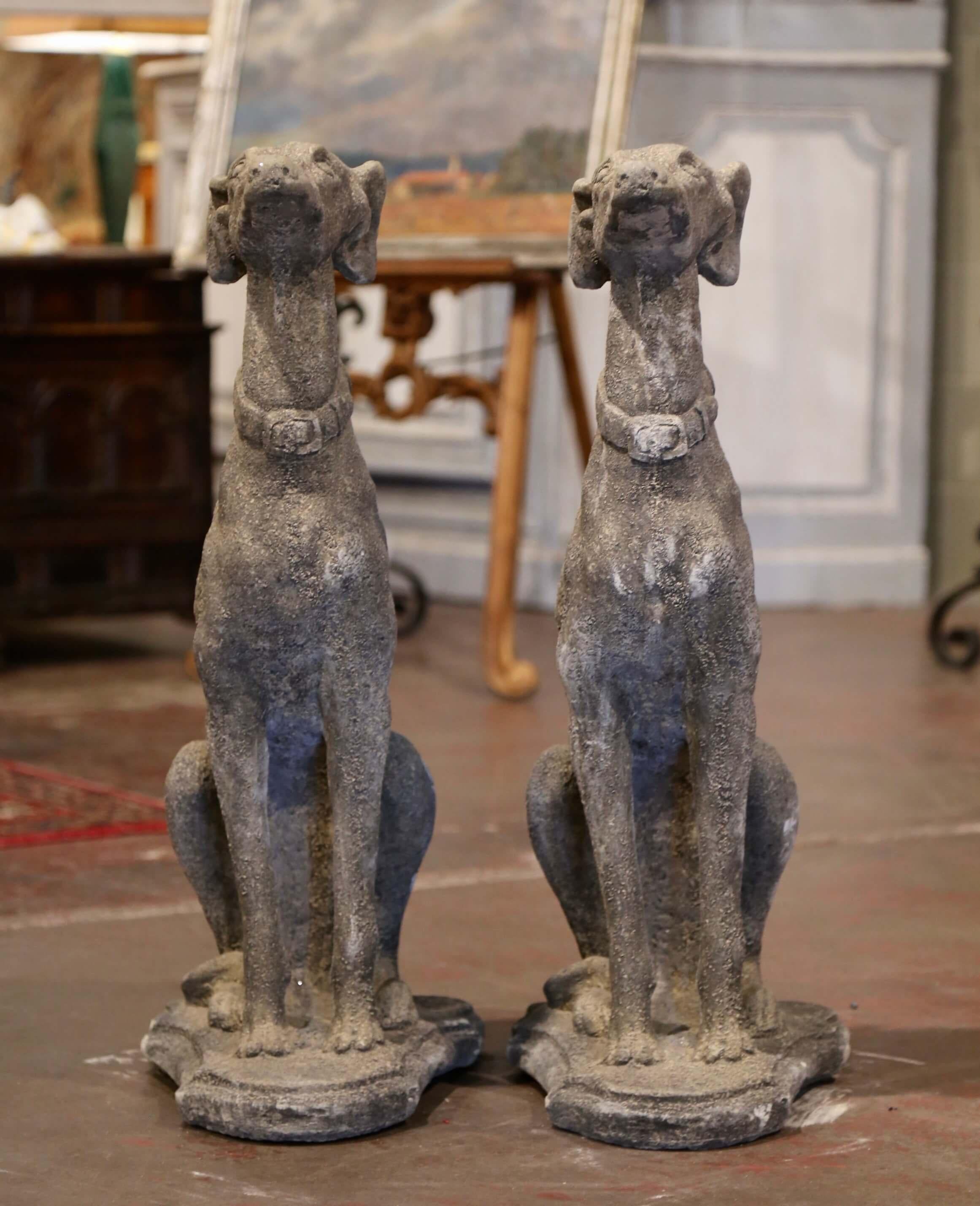 Hand-Carved Pair of Vintage French Outdoor Weathered Carved Stone Greyhound Dog Sculptures