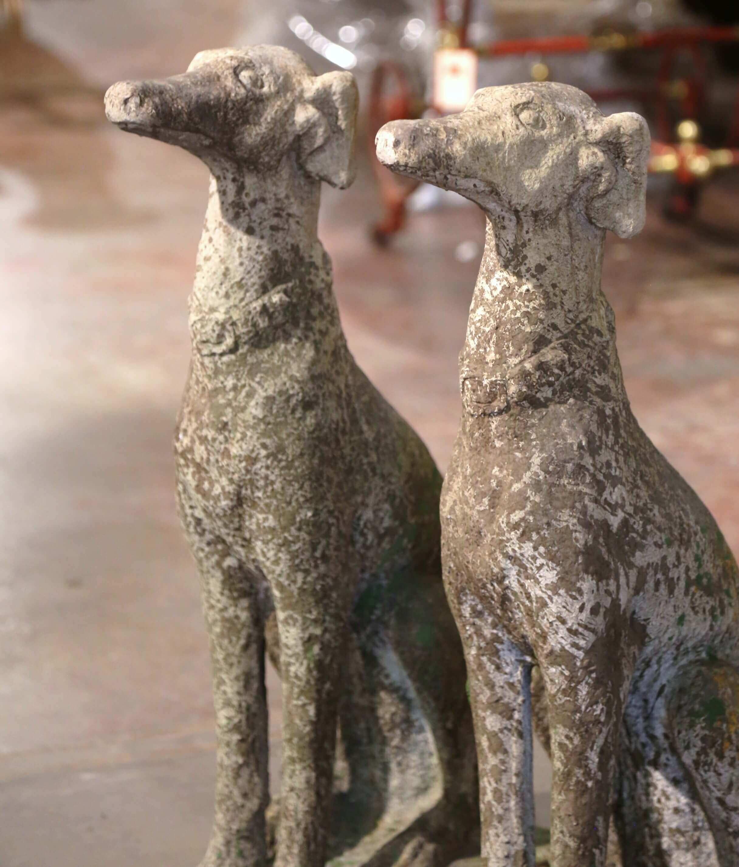 Hand-Carved Pair of Vintage French Outdoor Weathered Carved Stone Greyhound Dog Sculptures