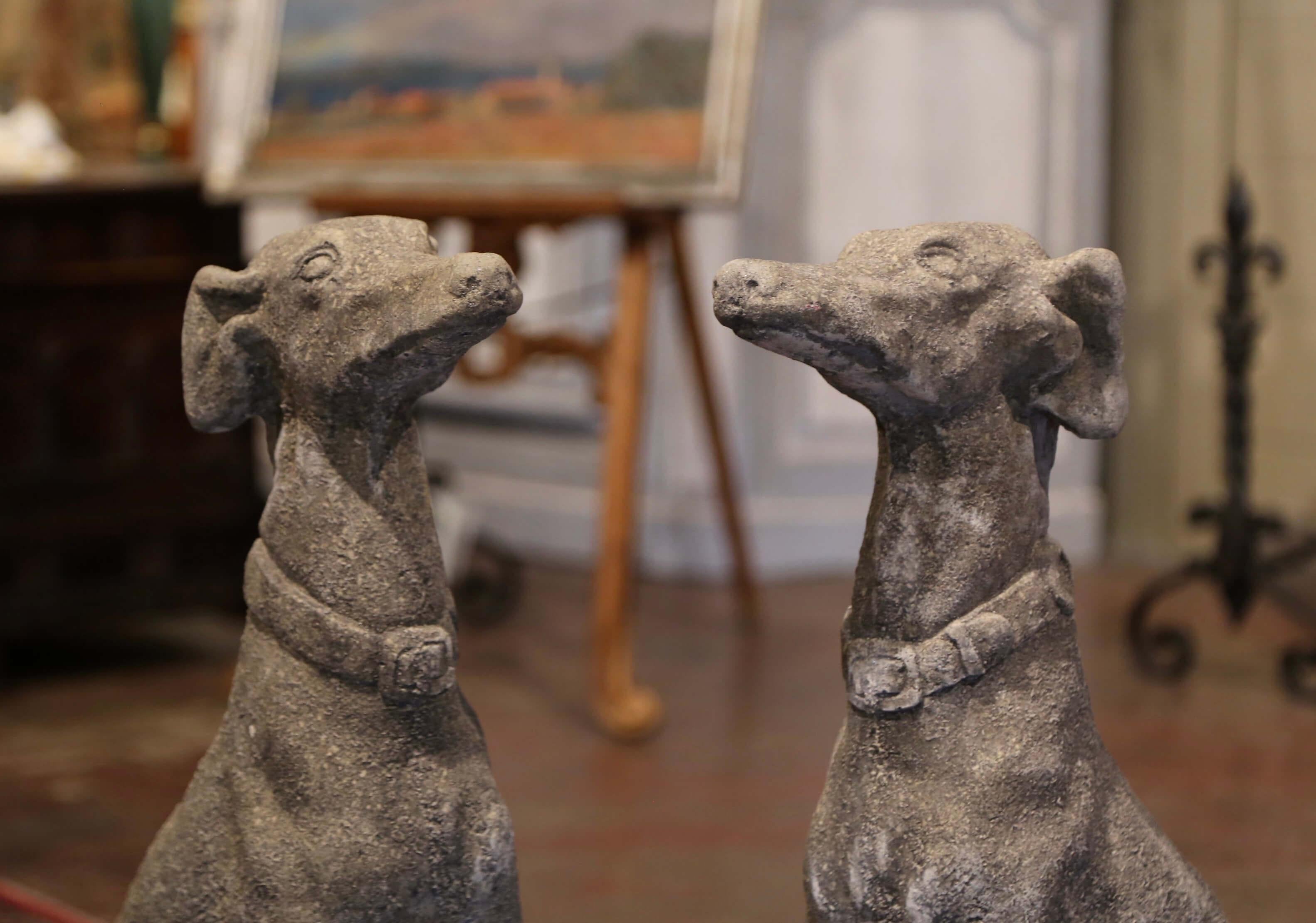 Contemporary Pair of Vintage French Outdoor Weathered Carved Stone Greyhound Dog Sculptures