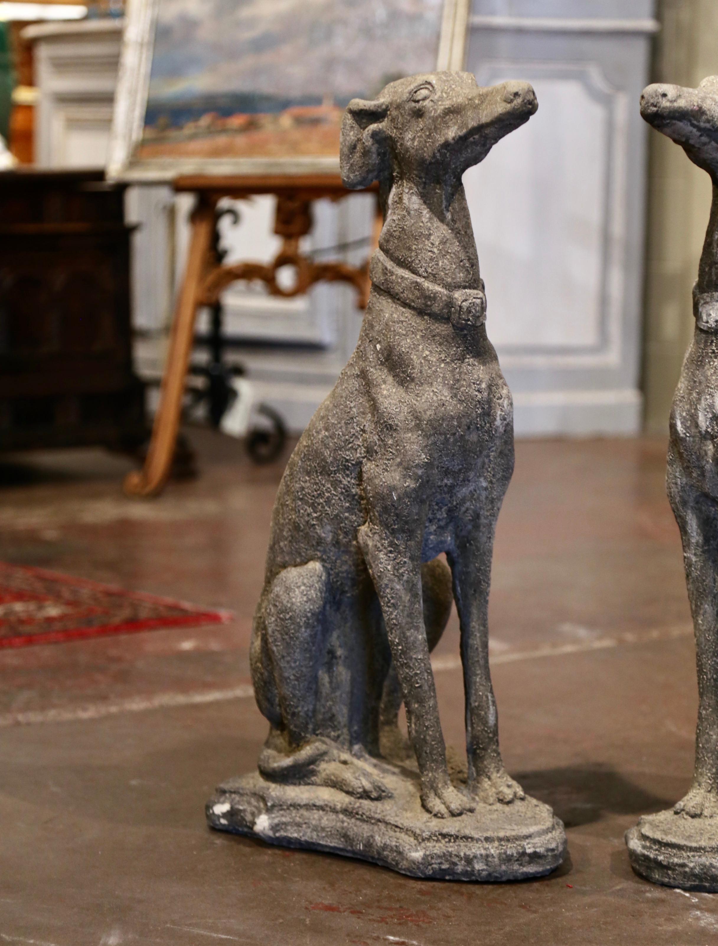 Hand-Carved Pair of Vintage French Outdoor Weathered Carved Stone Greyhound Dog Sculptures