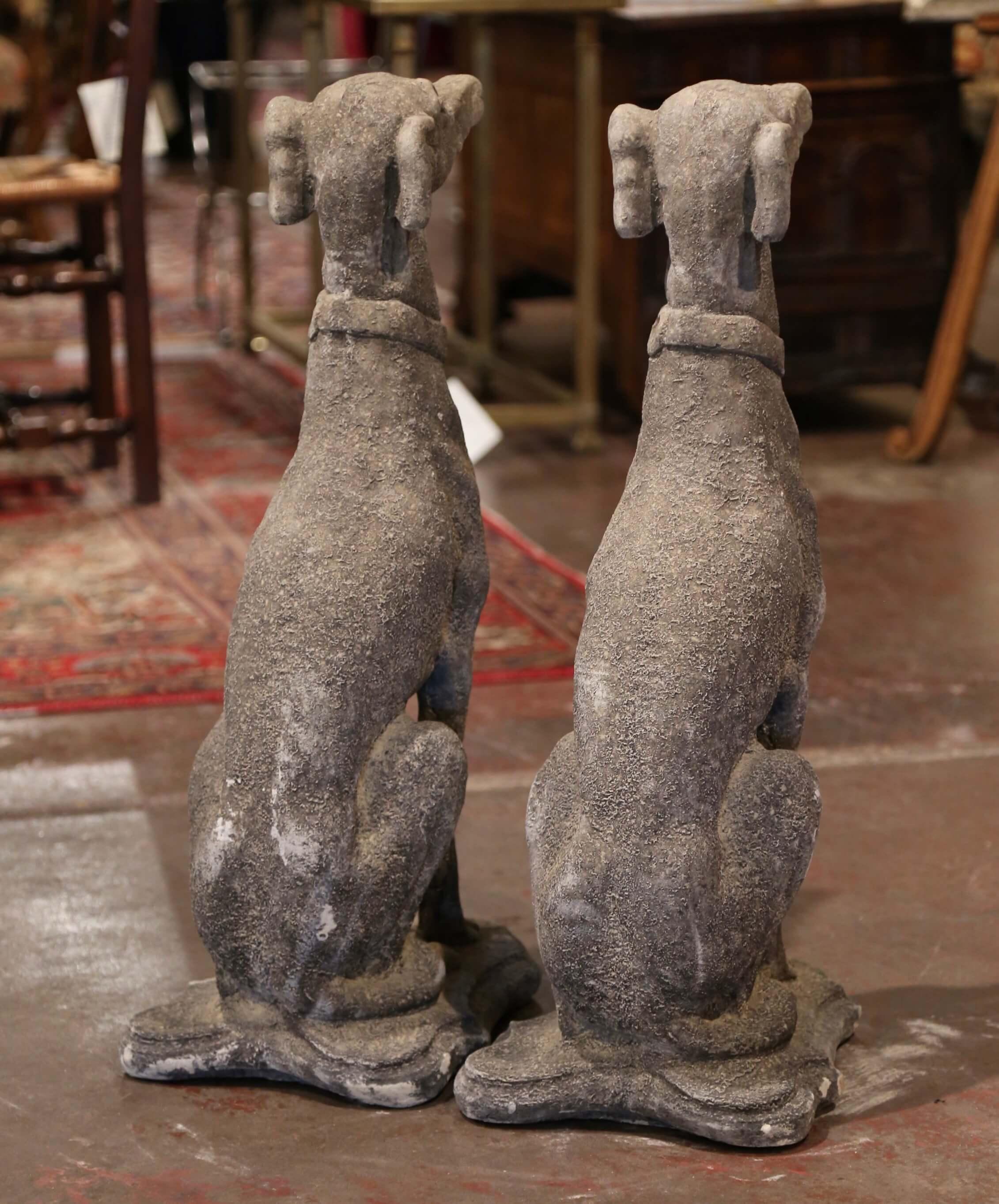 Pair of Vintage French Outdoor Weathered Carved Stone Greyhound Dog Sculptures 2