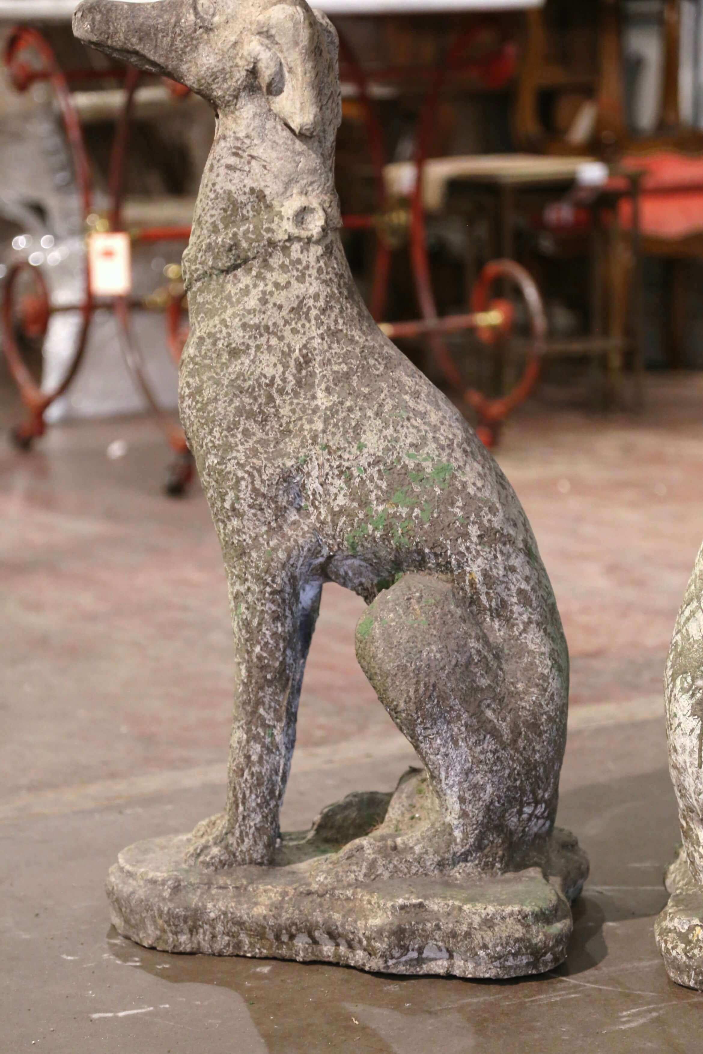 Pair of Vintage French Outdoor Weathered Carved Stone Greyhound Dog Sculptures 2
