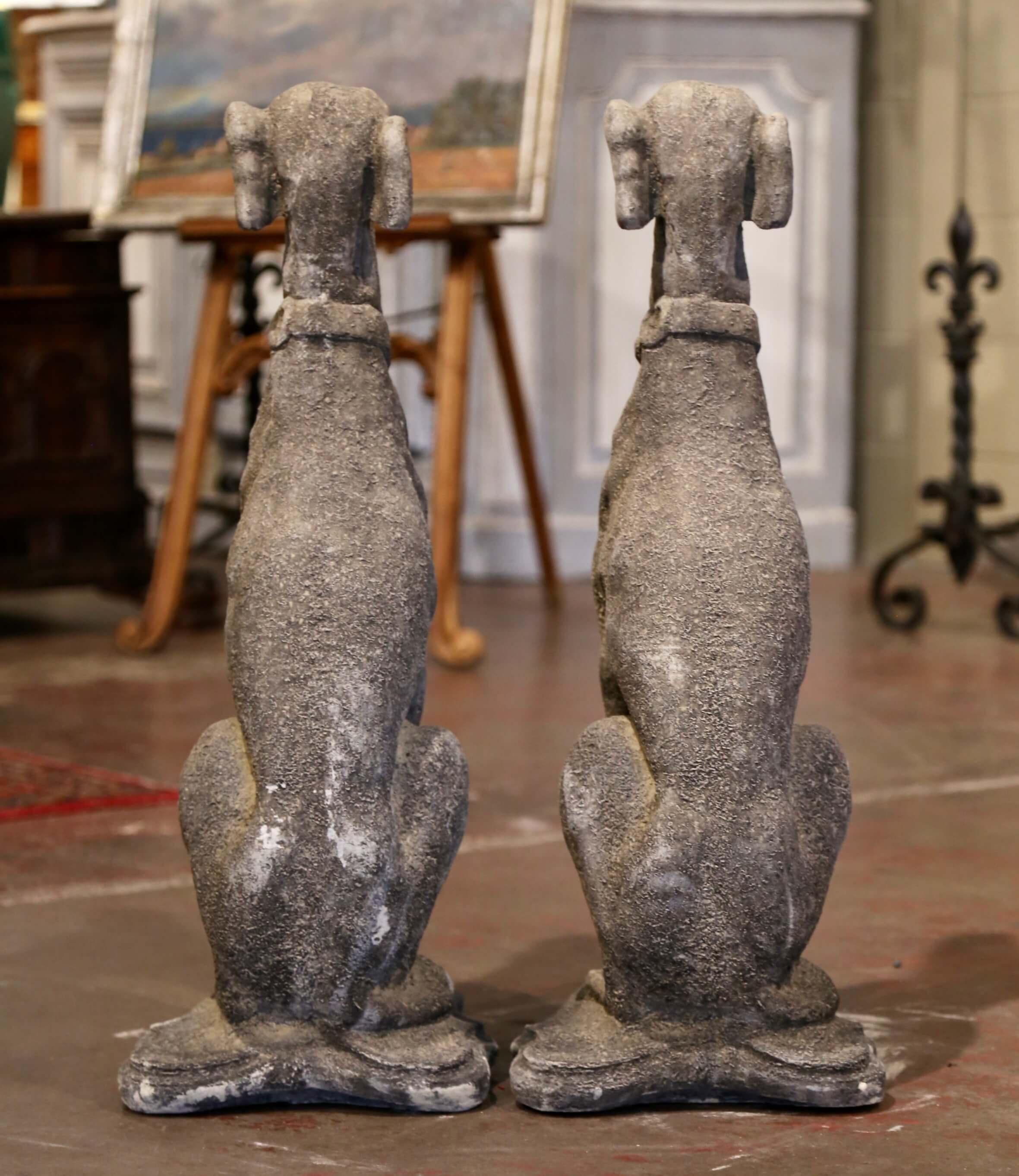 Pair of Vintage French Outdoor Weathered Carved Stone Greyhound Dog Sculptures 3