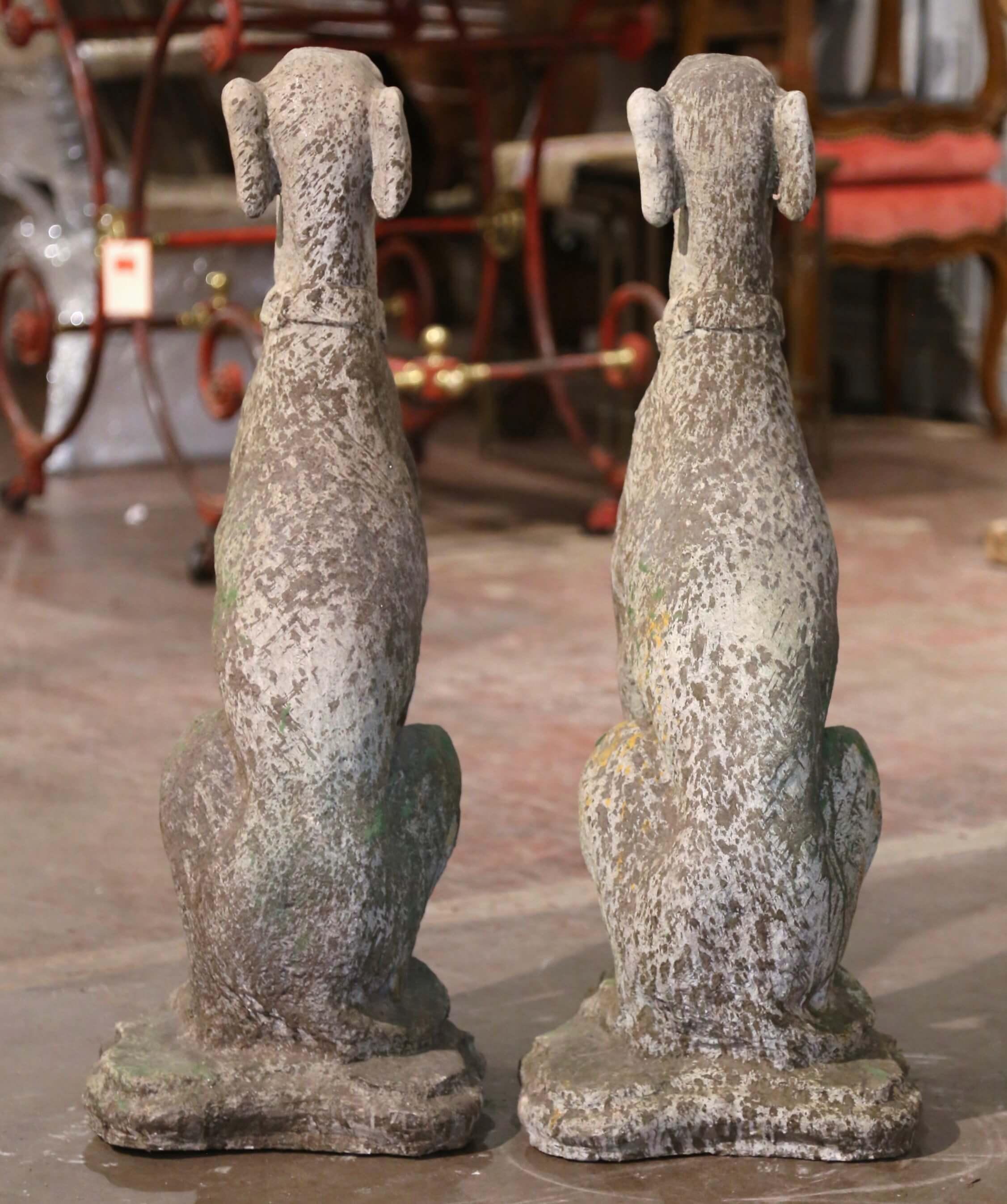 Pair of Vintage French Outdoor Weathered Carved Stone Greyhound Dog Sculptures For Sale 3
