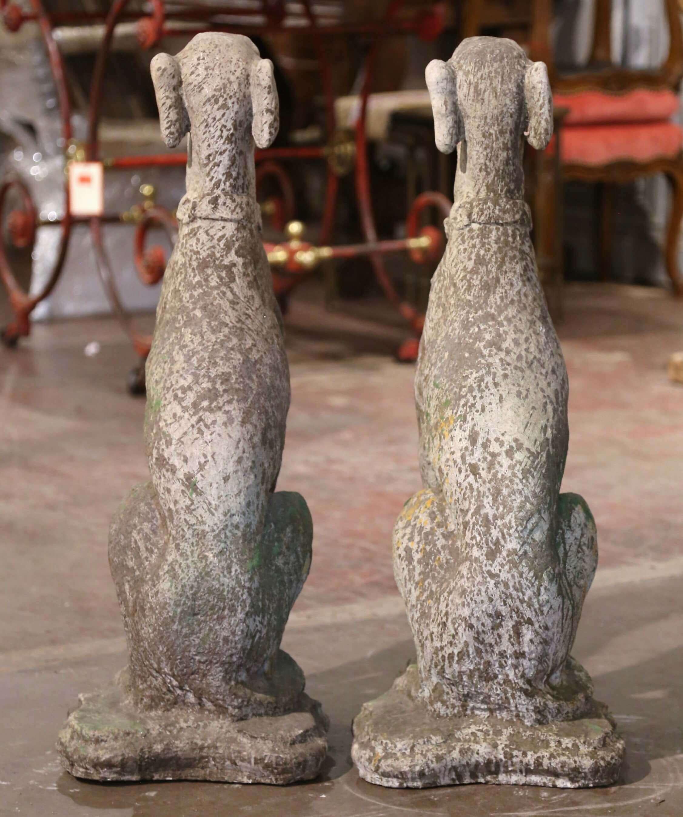 Pair of Vintage French Outdoor Weathered Carved Stone Greyhound Dog Sculptures 3