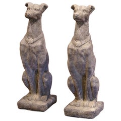 Pair of Vintage French Outdoor Weathered Carved Stone Greyhound Dog Sculptures