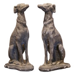 Pair of Vintage French Outdoor Weathered Carved Stone Greyhound Dog Sculptures
