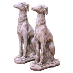 Pair of Vintage French Outdoor Weathered Carved Stone Greyhound Dog Sculptures