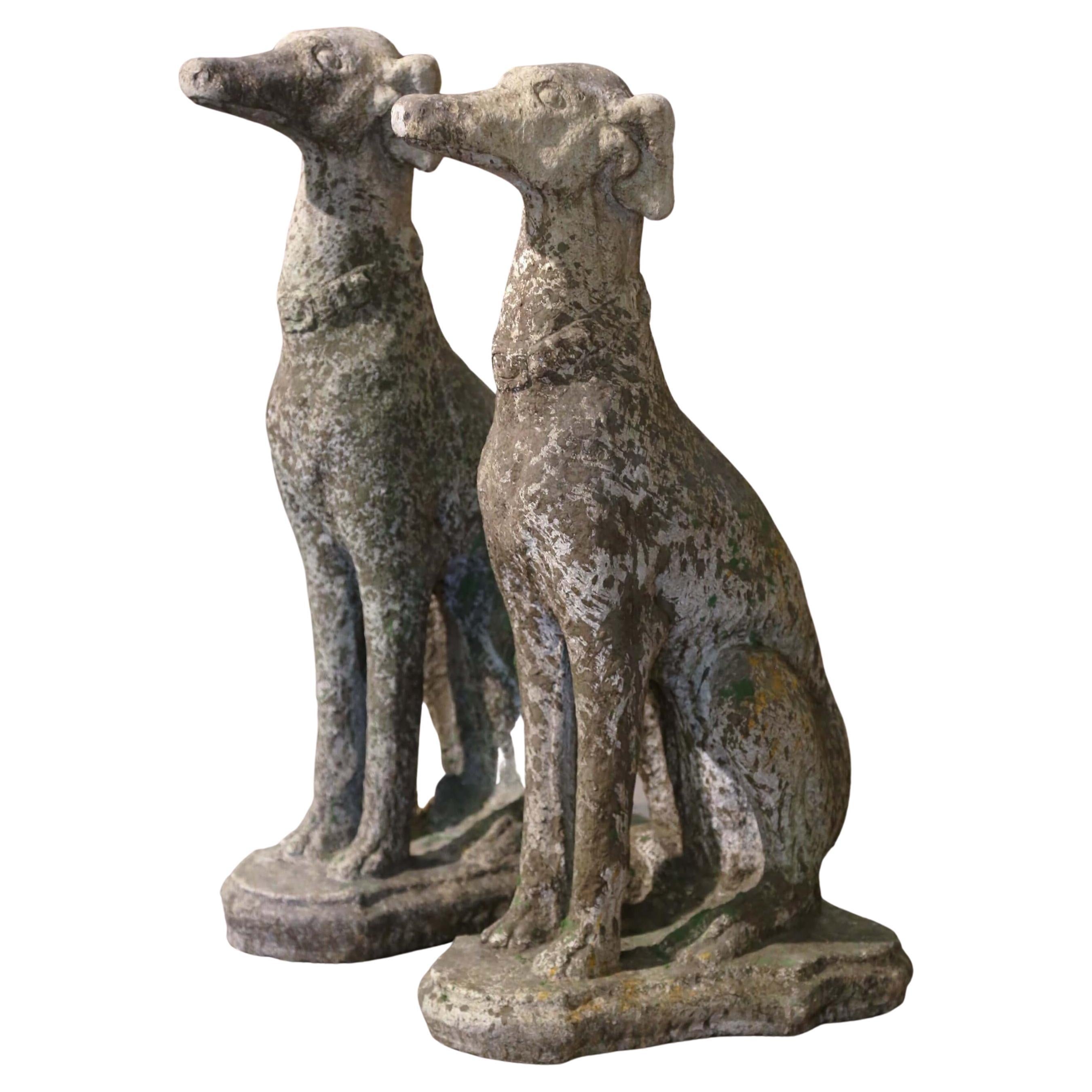 Pair of Vintage French Outdoor Weathered Carved Stone Greyhound Dog Sculptures