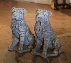 Coppia di sculture francesi d'epoca per esterni in pietra scolpita di cane Shar Pei
