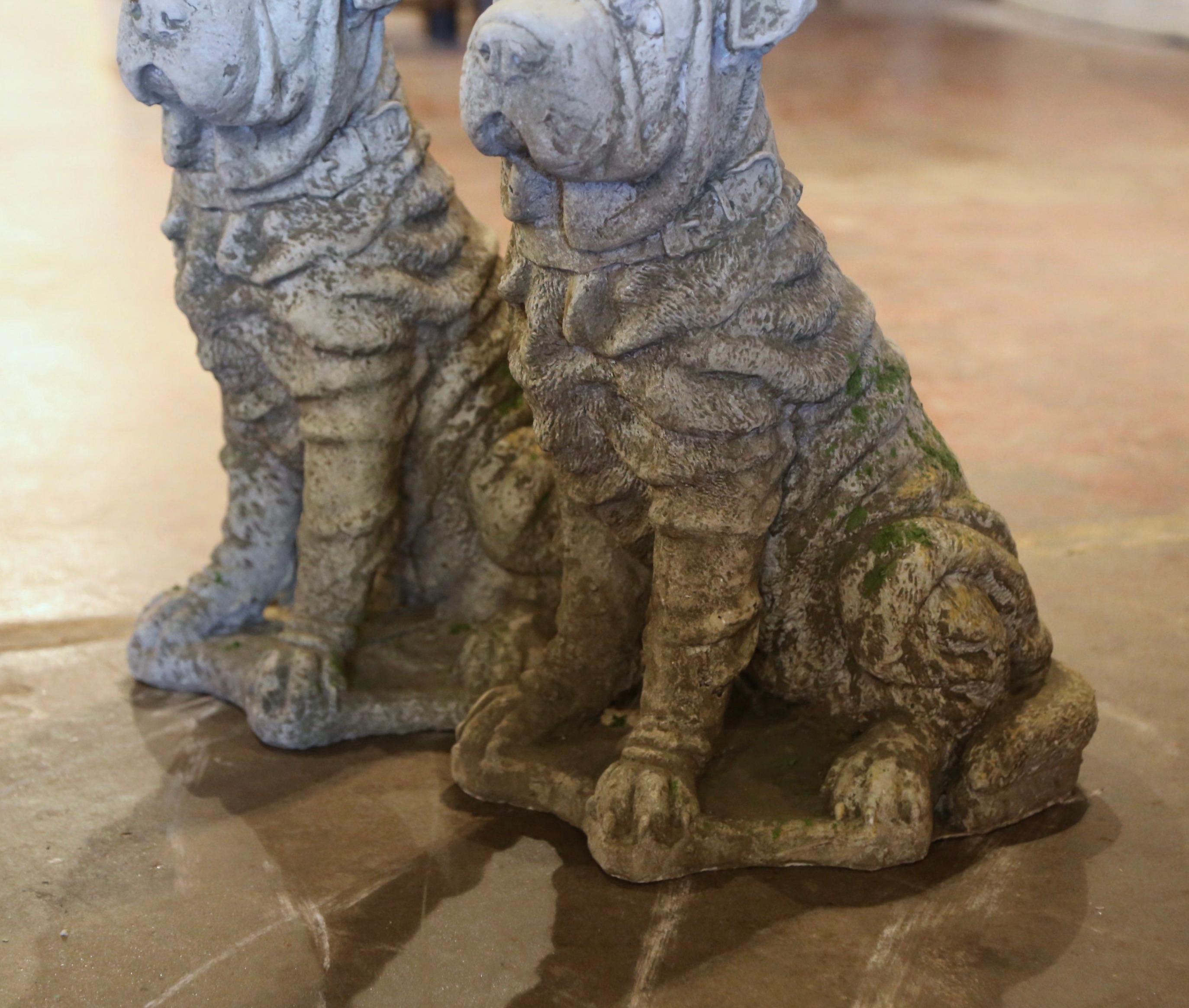 Hand-Carved Pair of Vintage French Outdoor Weathered Carved Stone Shar Pei Dog Sculptures For Sale