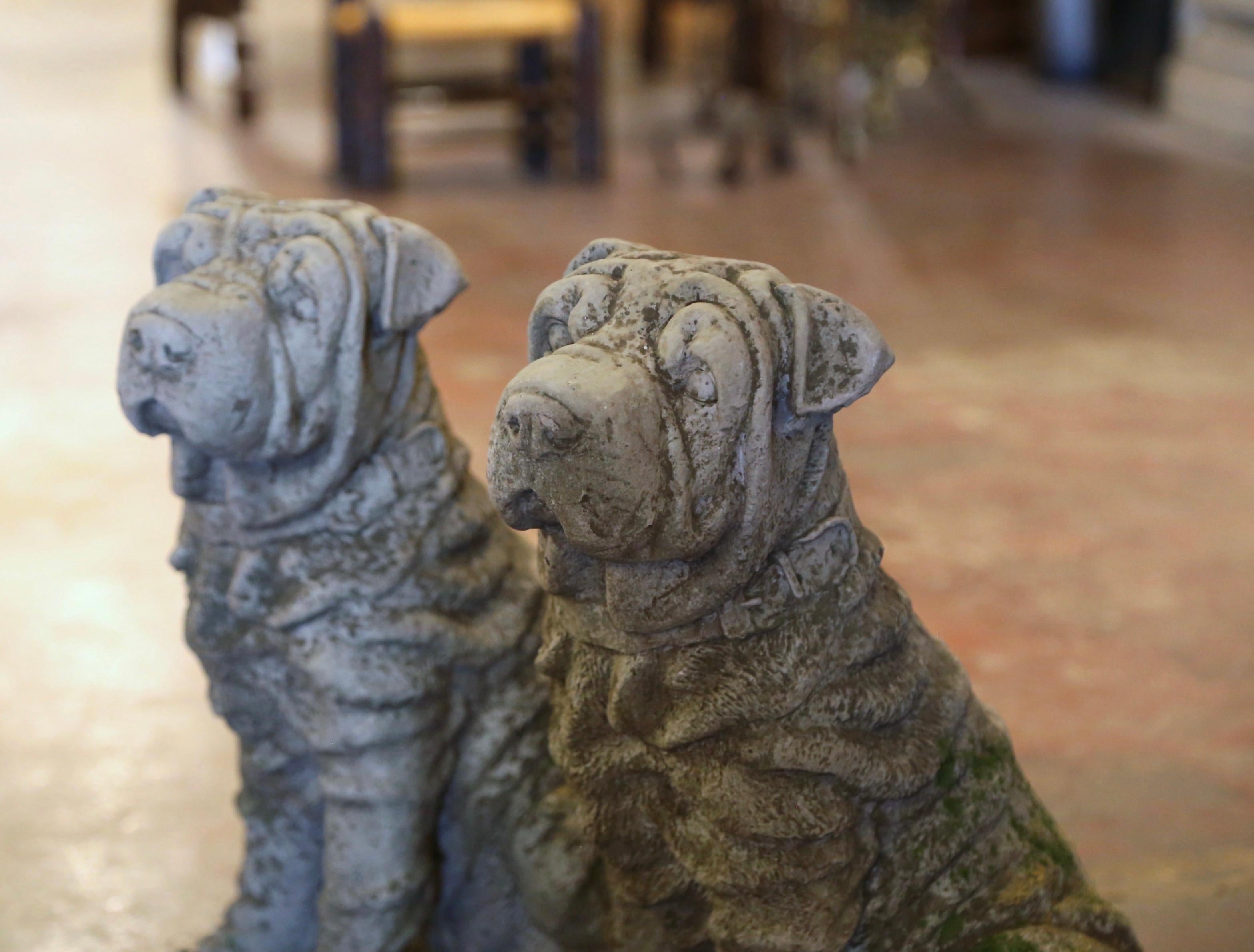 Pair of Vintage French Outdoor Weathered Carved Stone Shar Pei Dog Sculptures In Excellent Condition For Sale In Dallas, TX