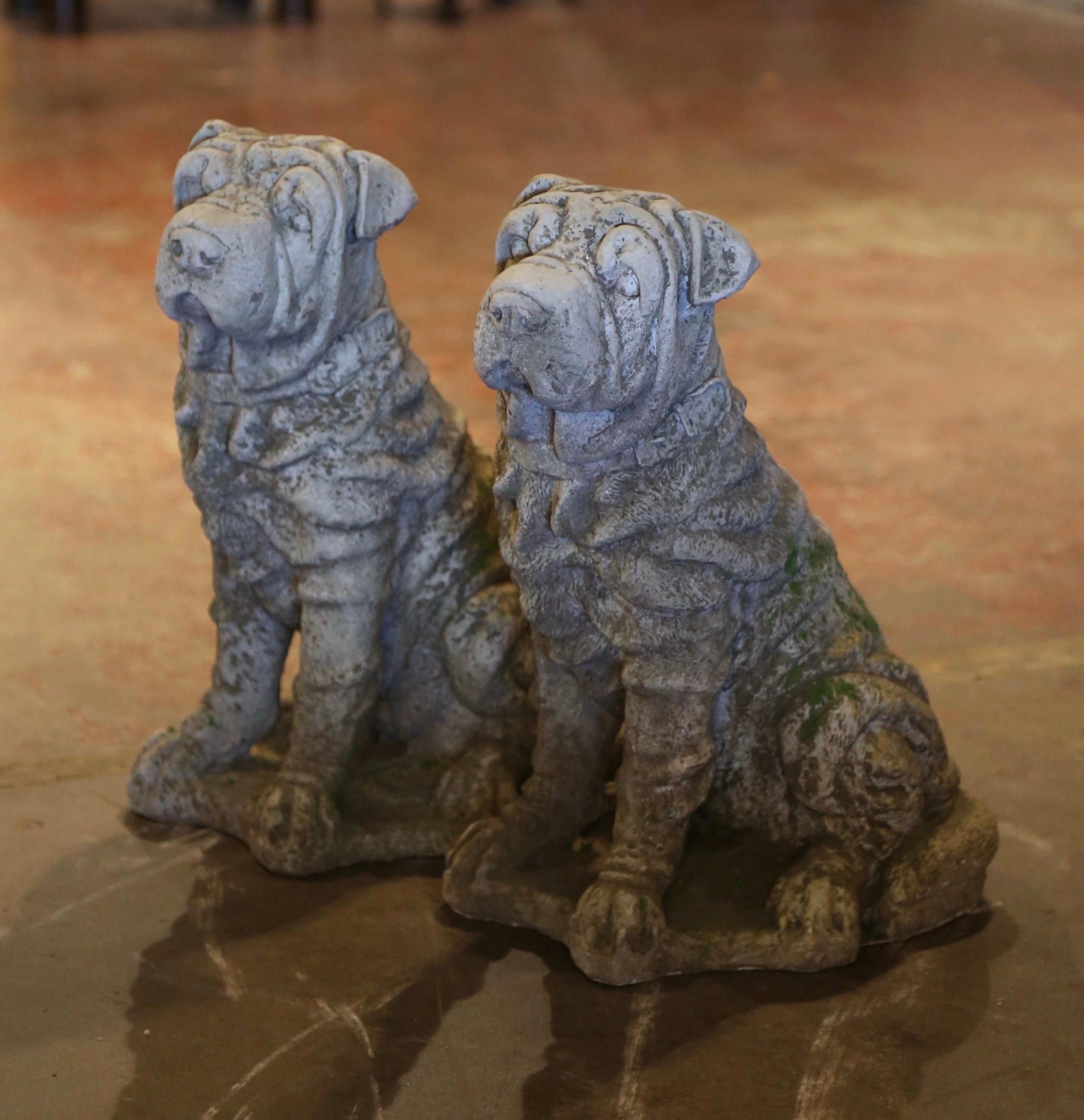 Contemporary Pair of Vintage French Outdoor Weathered Carved Stone Shar Pei Dog Sculptures For Sale