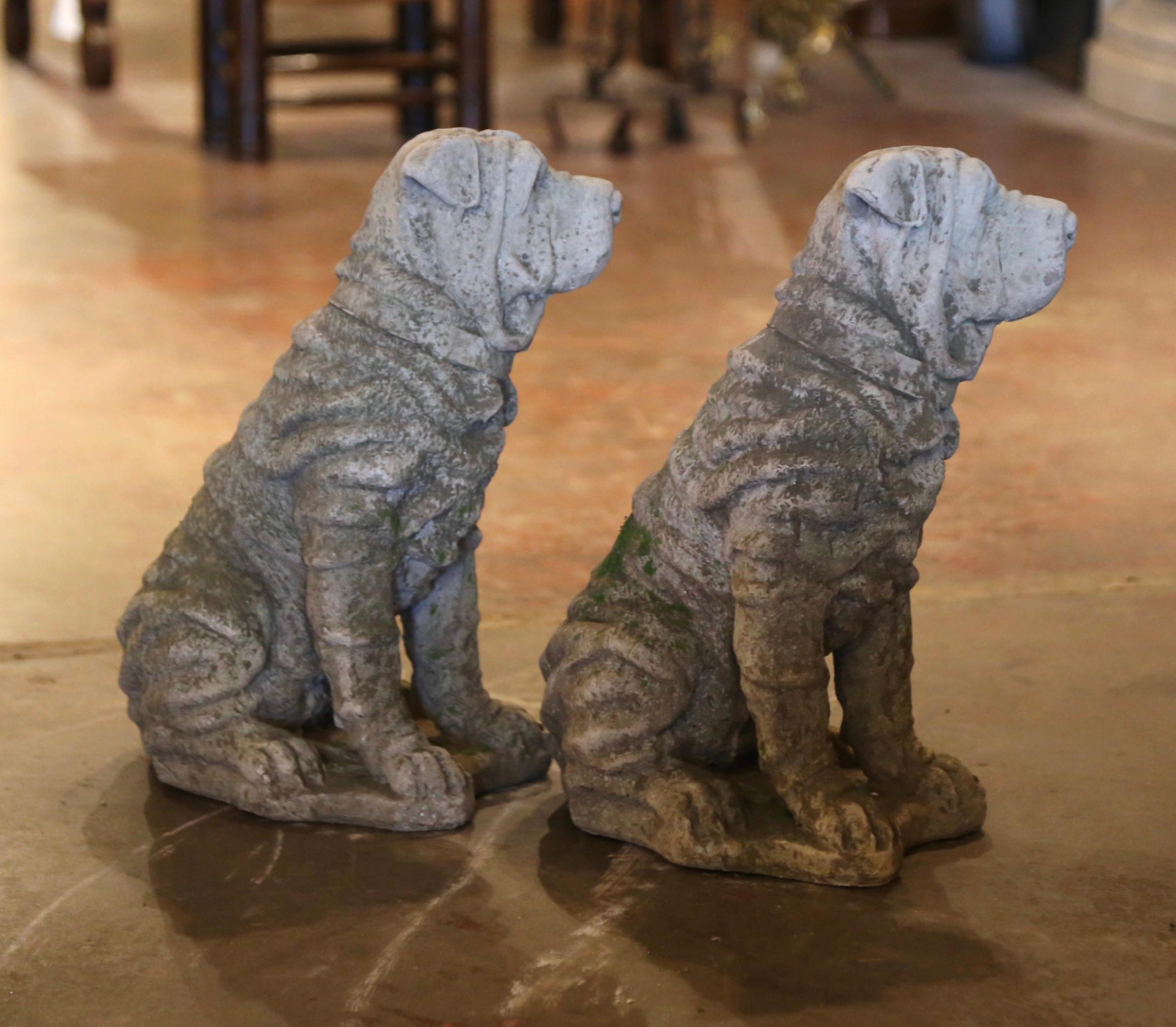 Cast Stone Pair of Vintage French Outdoor Weathered Carved Stone Shar Pei Dog Sculptures For Sale