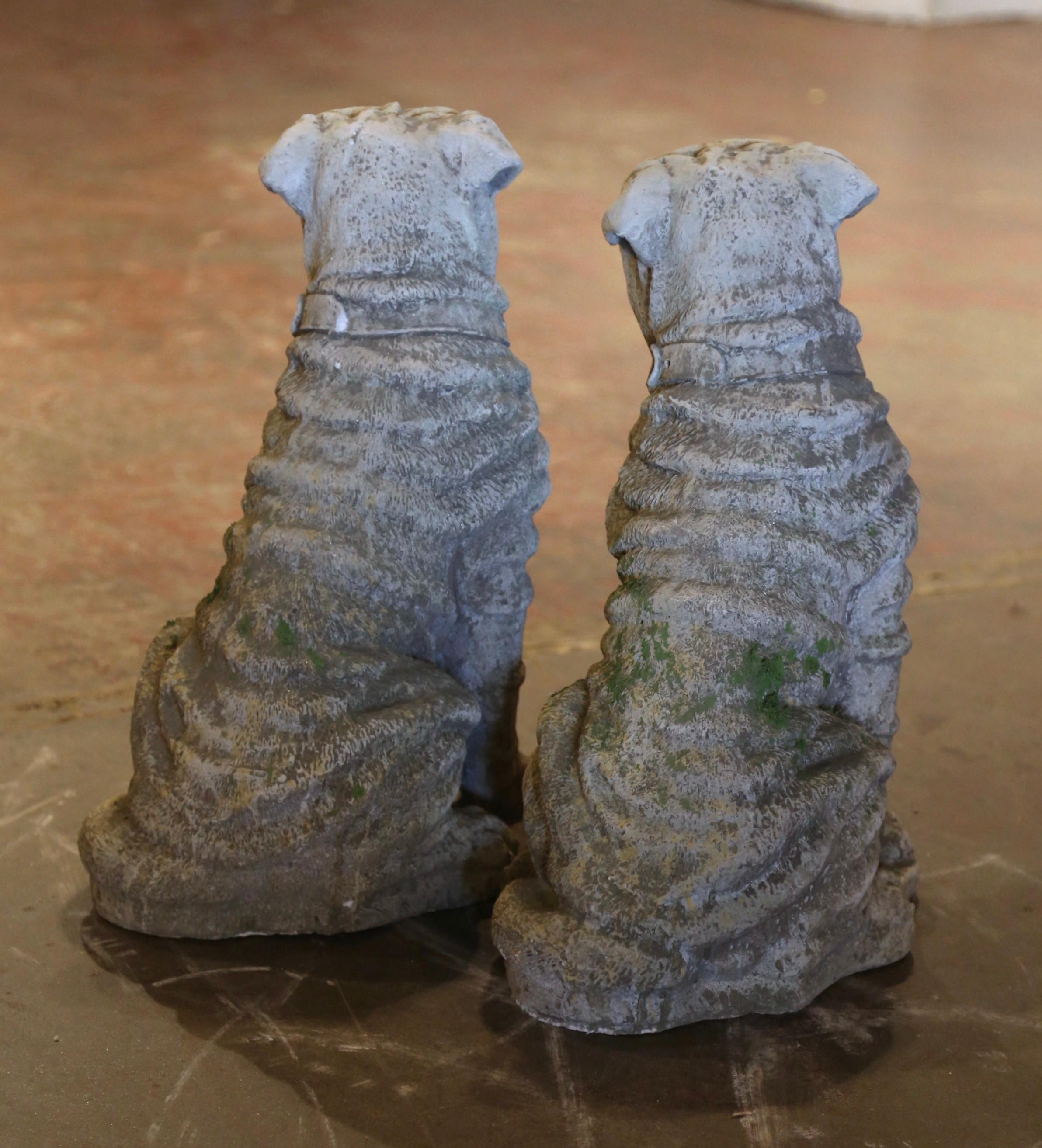 Pair of Vintage French Outdoor Weathered Carved Stone Shar Pei Dog Sculptures For Sale 1