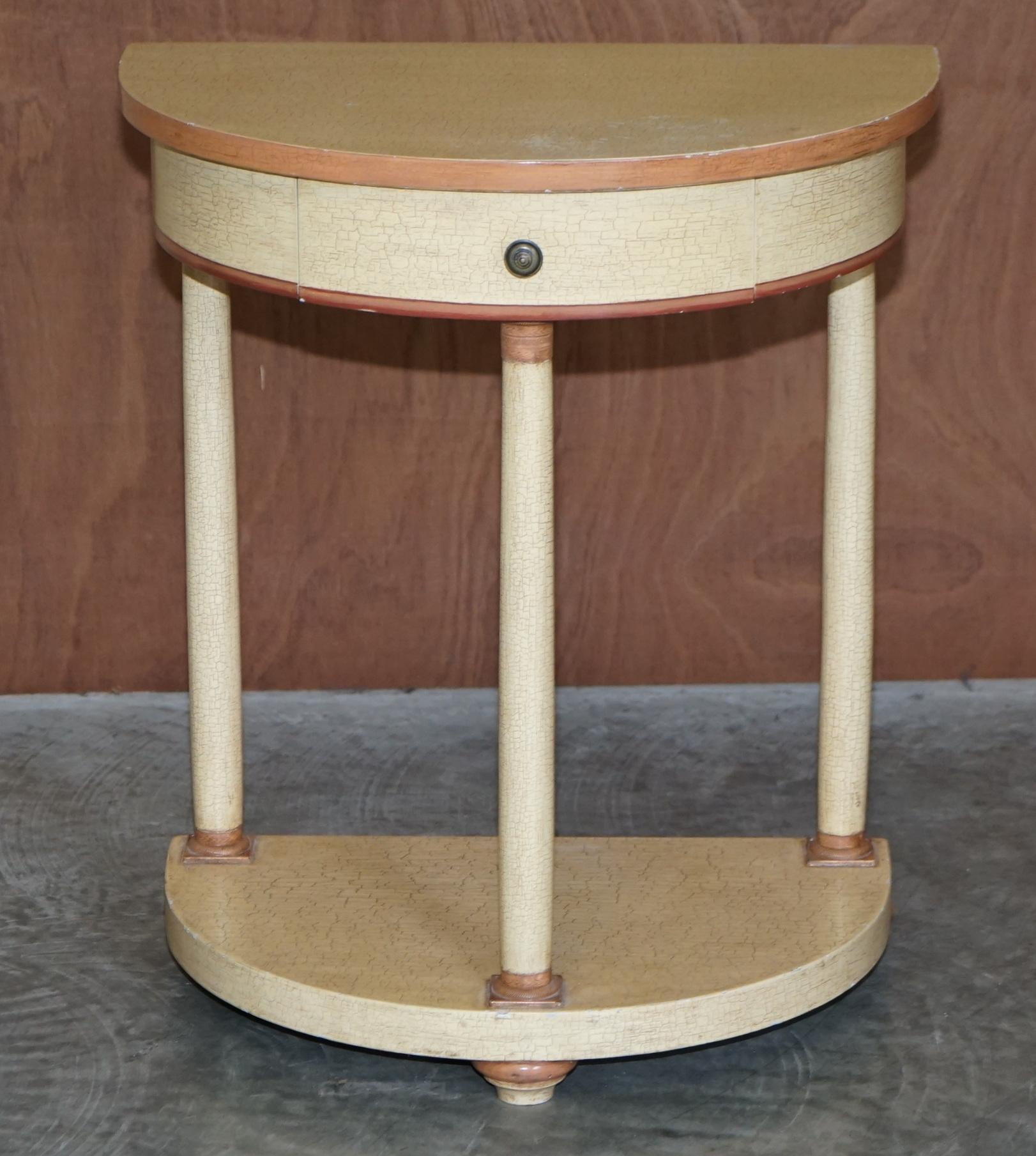 Pair of Vintage French Painted Demi Lune Side End Lamp Wine Tables Single Drawer For Sale 9