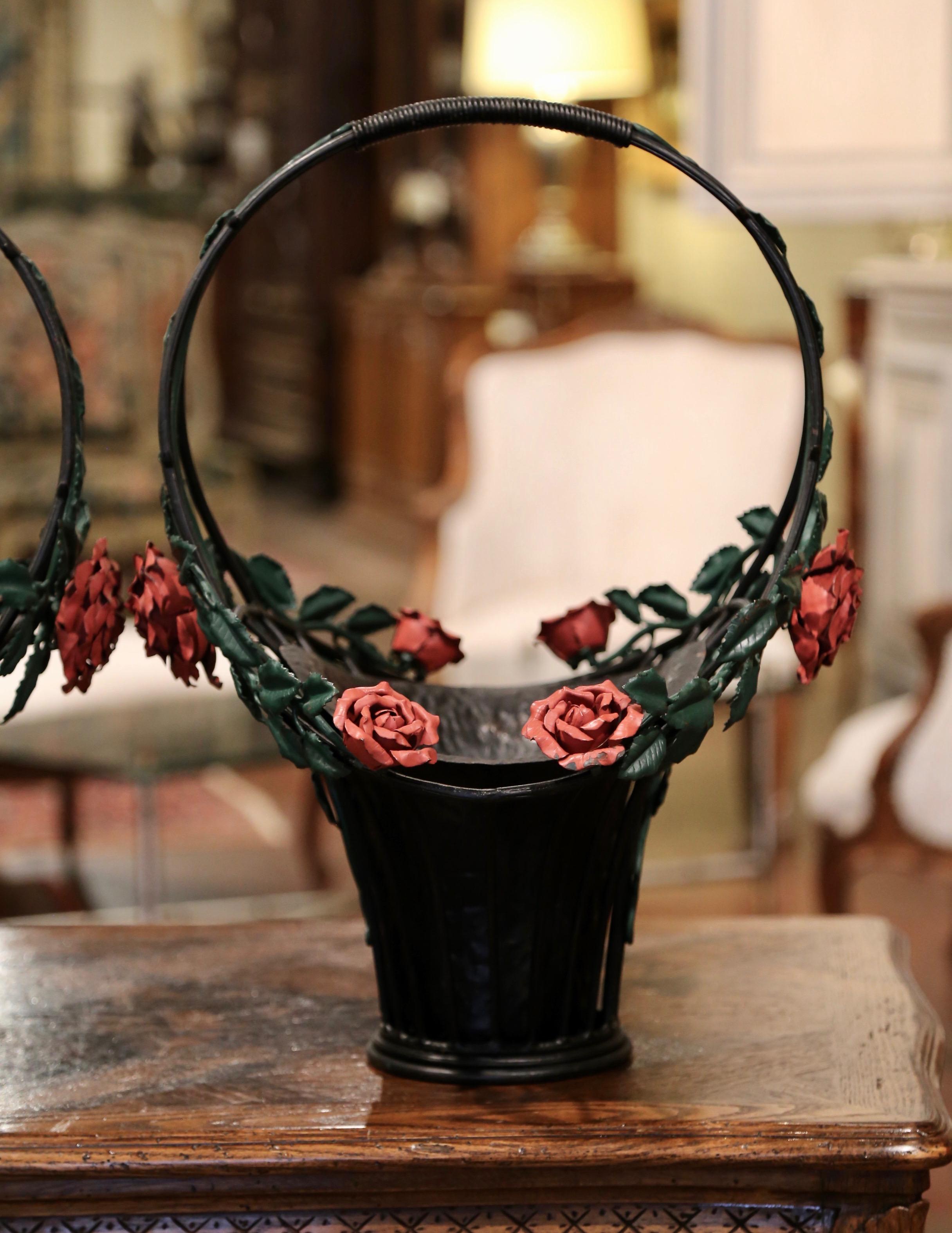 Pair of Vintage French Painted Metal Hanging Baskets with Floral and Leaf Decor For Sale 2