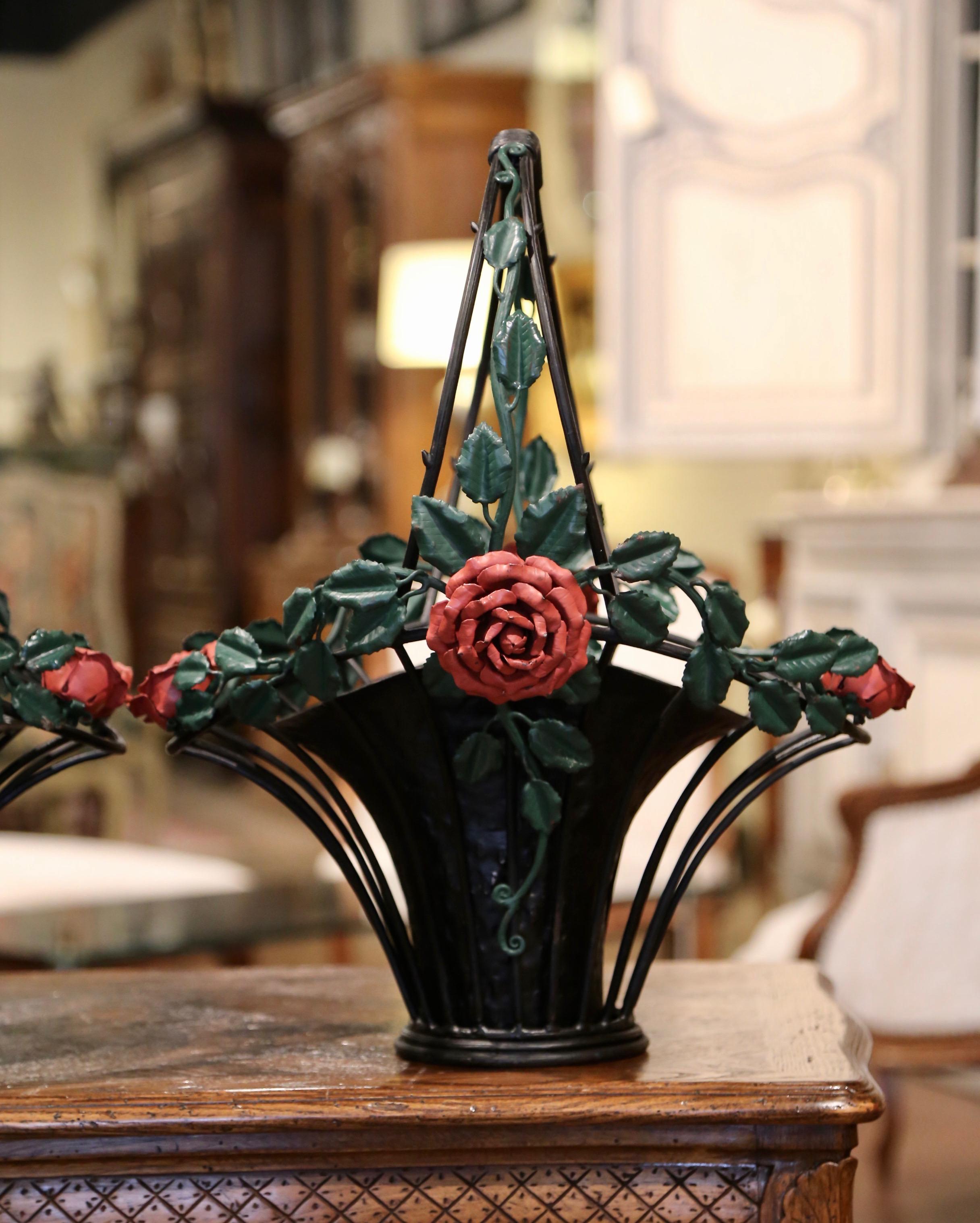 Pair of Vintage French Painted Metal Hanging Baskets with Floral and Leaf Decor In Excellent Condition For Sale In Dallas, TX