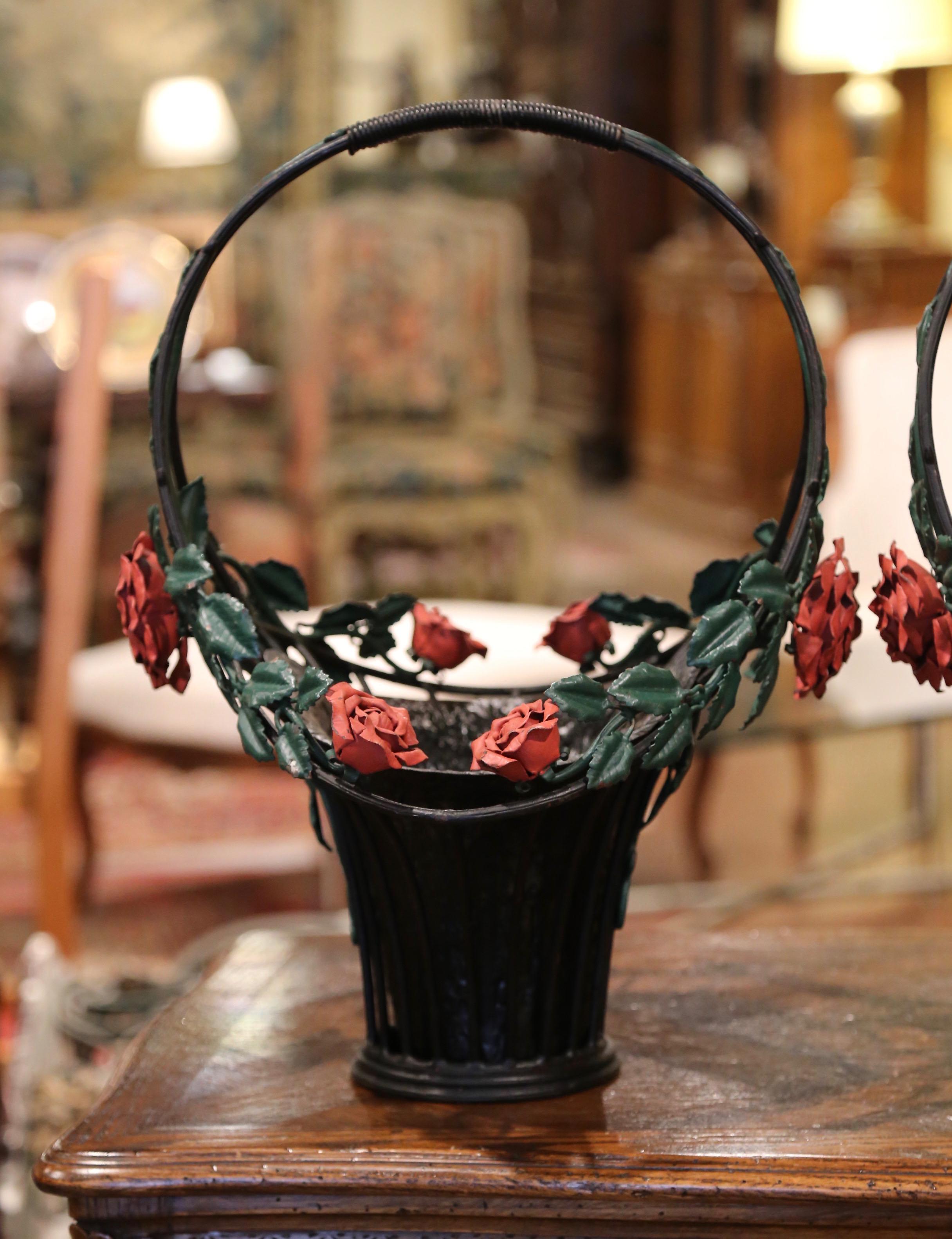 Pair of Vintage French Painted Metal Hanging Baskets with Floral and Leaf Decor For Sale 1