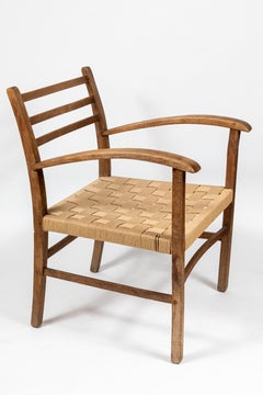 Pair of Vintage French Lounge Chairs with Wooden Frames and Rush Seats