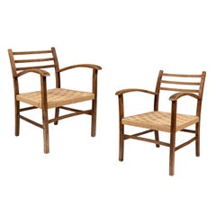Pair of Retro French Lounge Chairs with Wooden Frames and Rush Seats