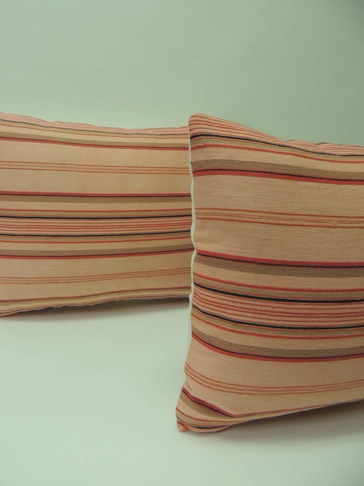 French Provincial Pair of Vintage French Pink and Red Stripes Lumbar Decorative Pillows