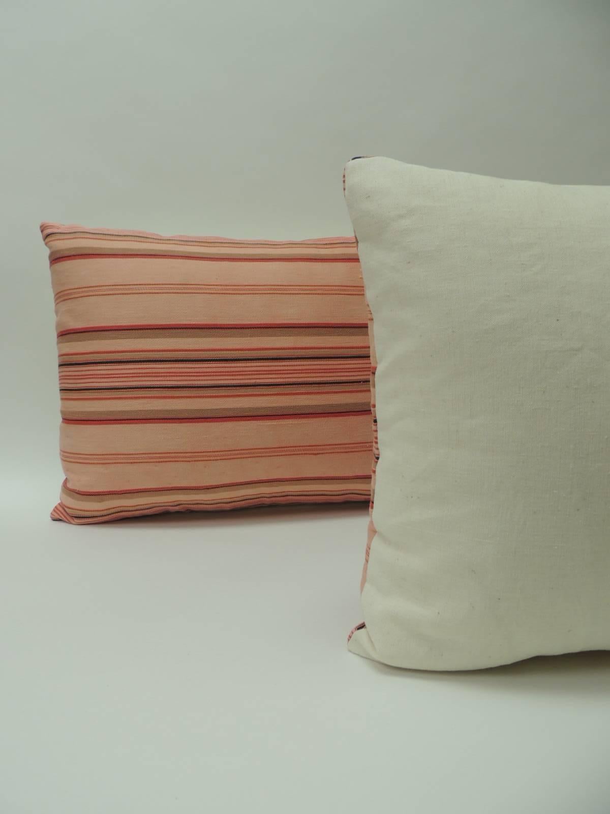 Hand-Crafted Pair of Vintage French Pink and Red Stripes Lumbar Decorative Pillows
