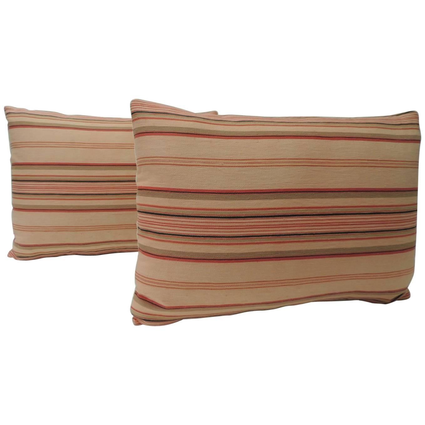 Pair of Vintage French Pink and Red Stripes Lumbar Decorative Pillows