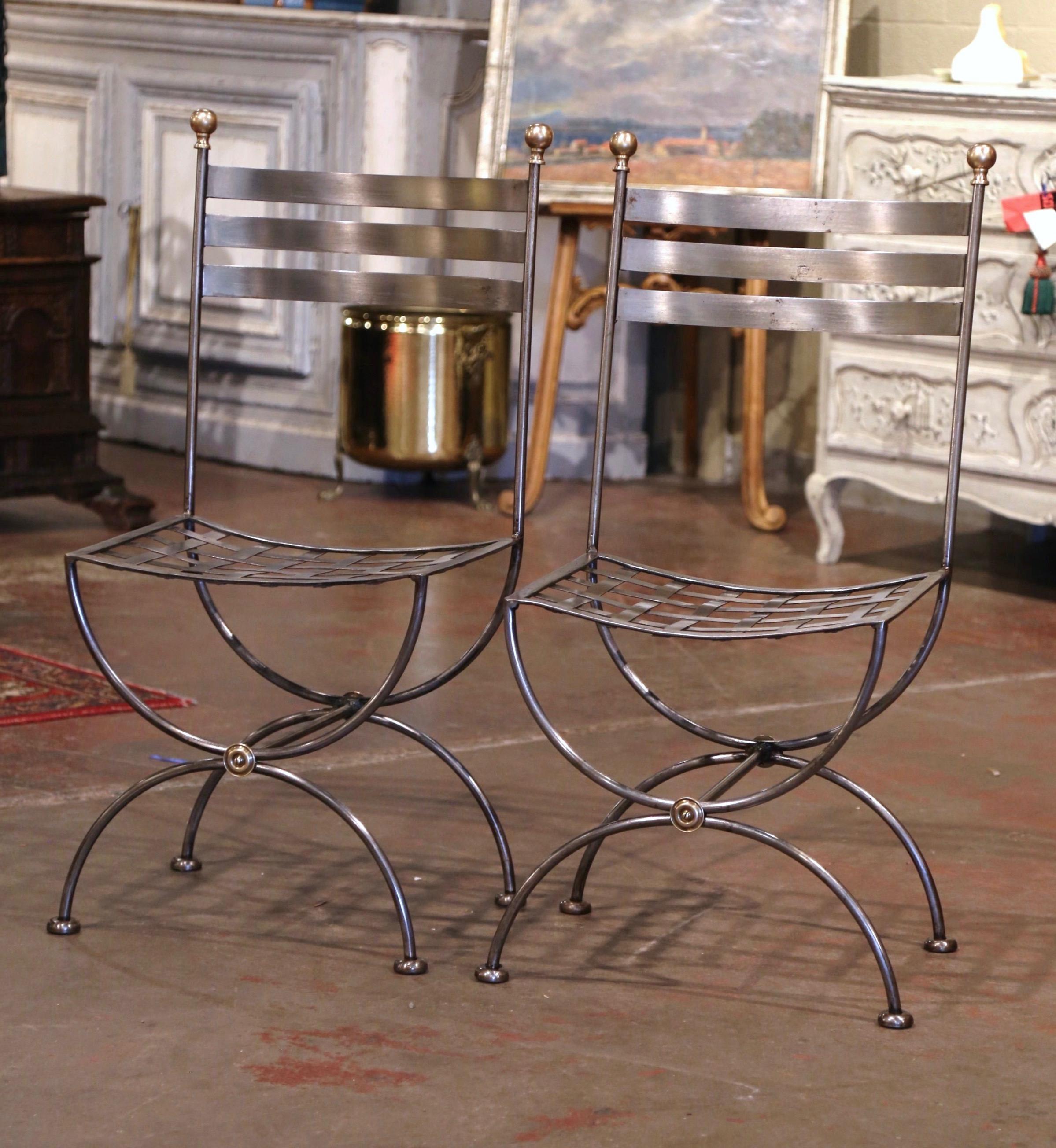 Pair of Vintage French Polished Iron and Brass Curule Metal Ladder Chairs In Excellent Condition In Dallas, TX