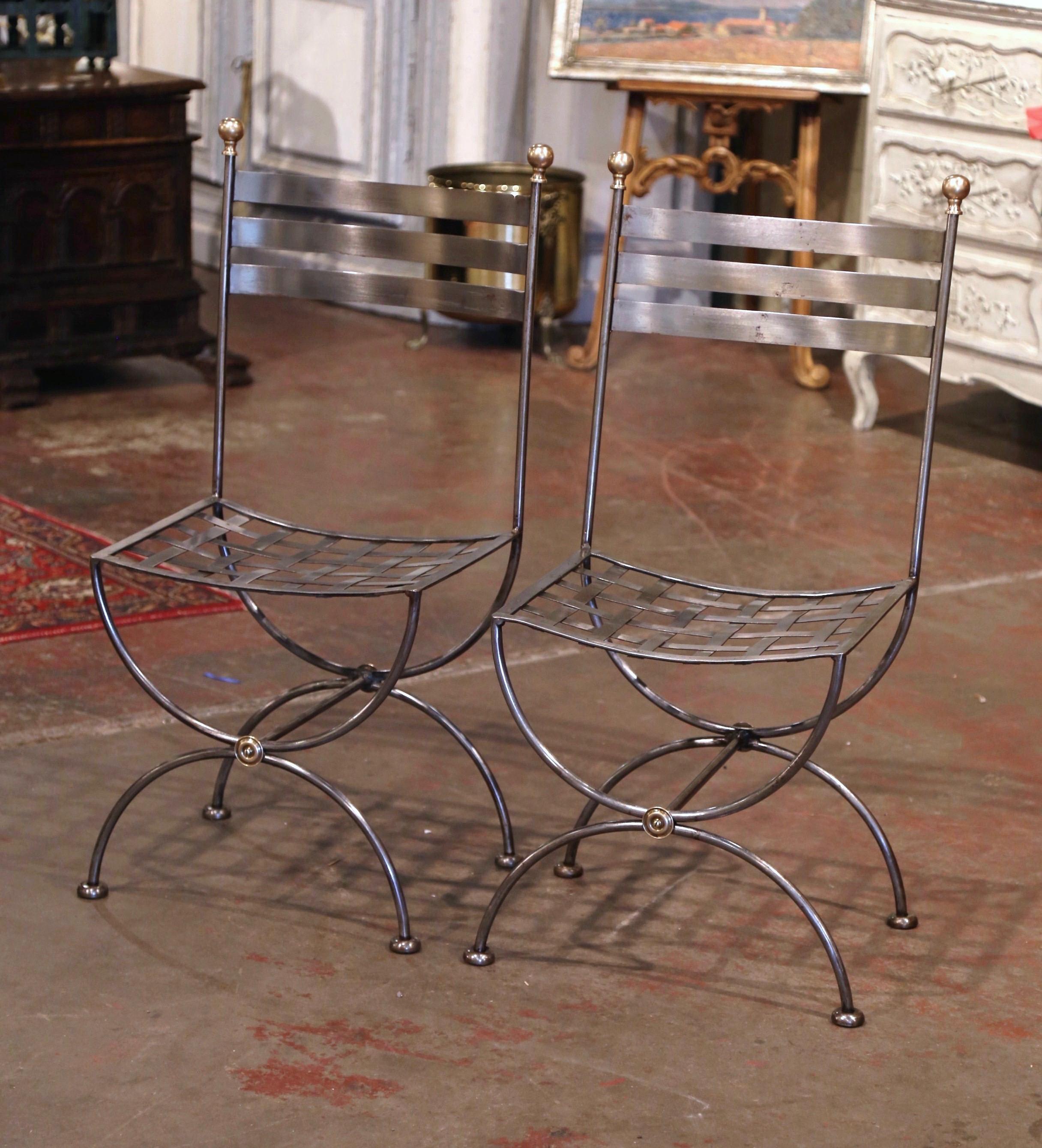 Pair of Vintage French Polished Iron and Brass Curule Metal Ladder Chairs 1