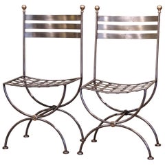 Pair of Vintage French Polished Iron and Brass Curule Metal Ladder Chairs