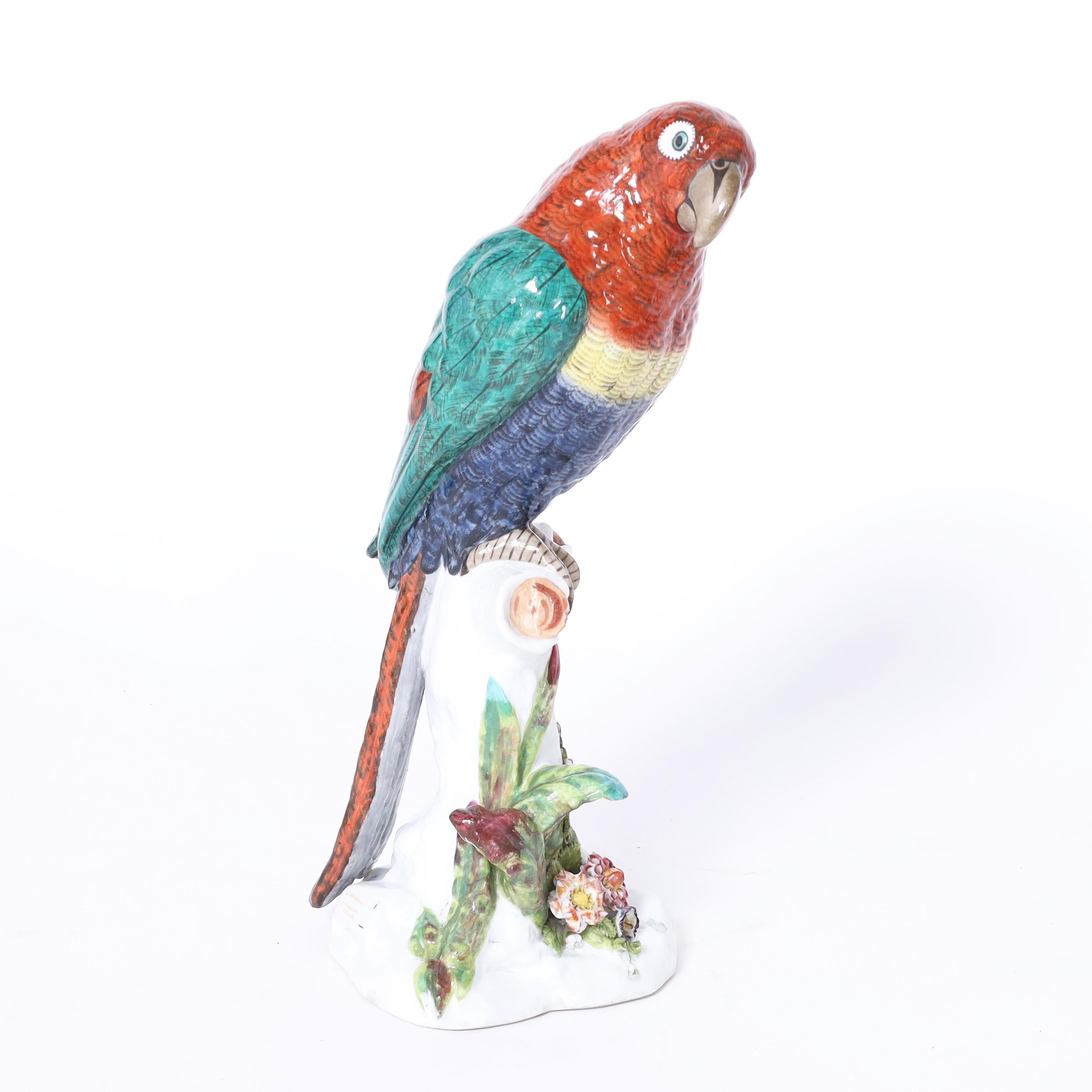 Glazed Pair of Vintage French Porcelain Parrots For Sale