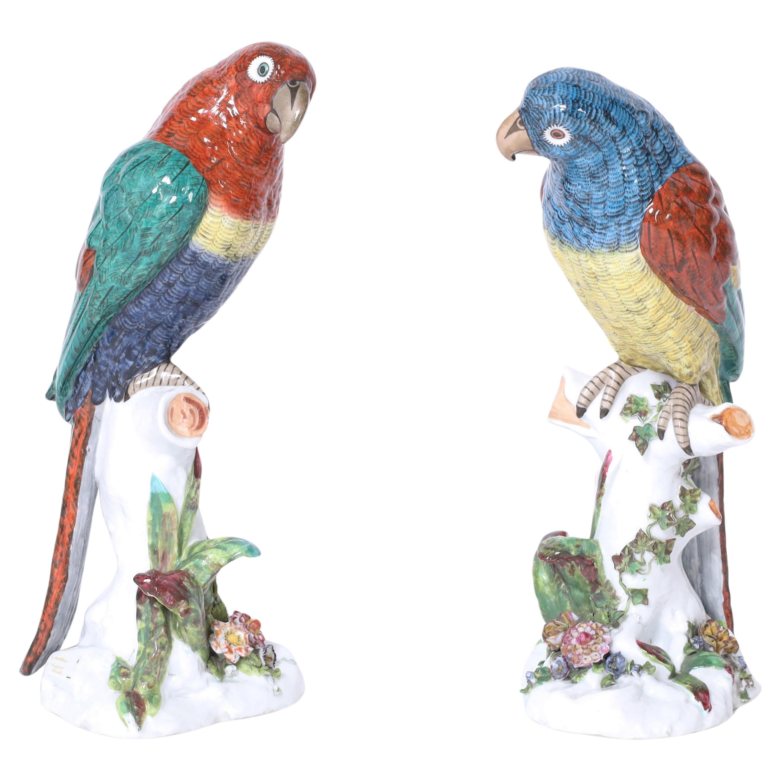 Pair of Vintage French Porcelain Parrots For Sale