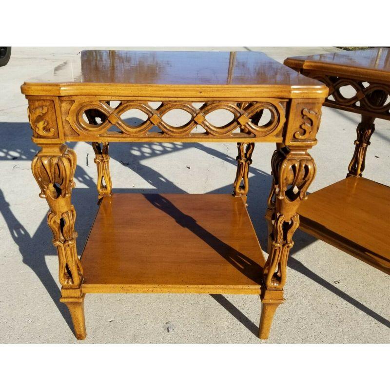 Pair of vintage French Provincial hand carved side end tables
These are well-built, solid, and hand-carved pieces.

Approximate Measurements in Inches
22 1/2
