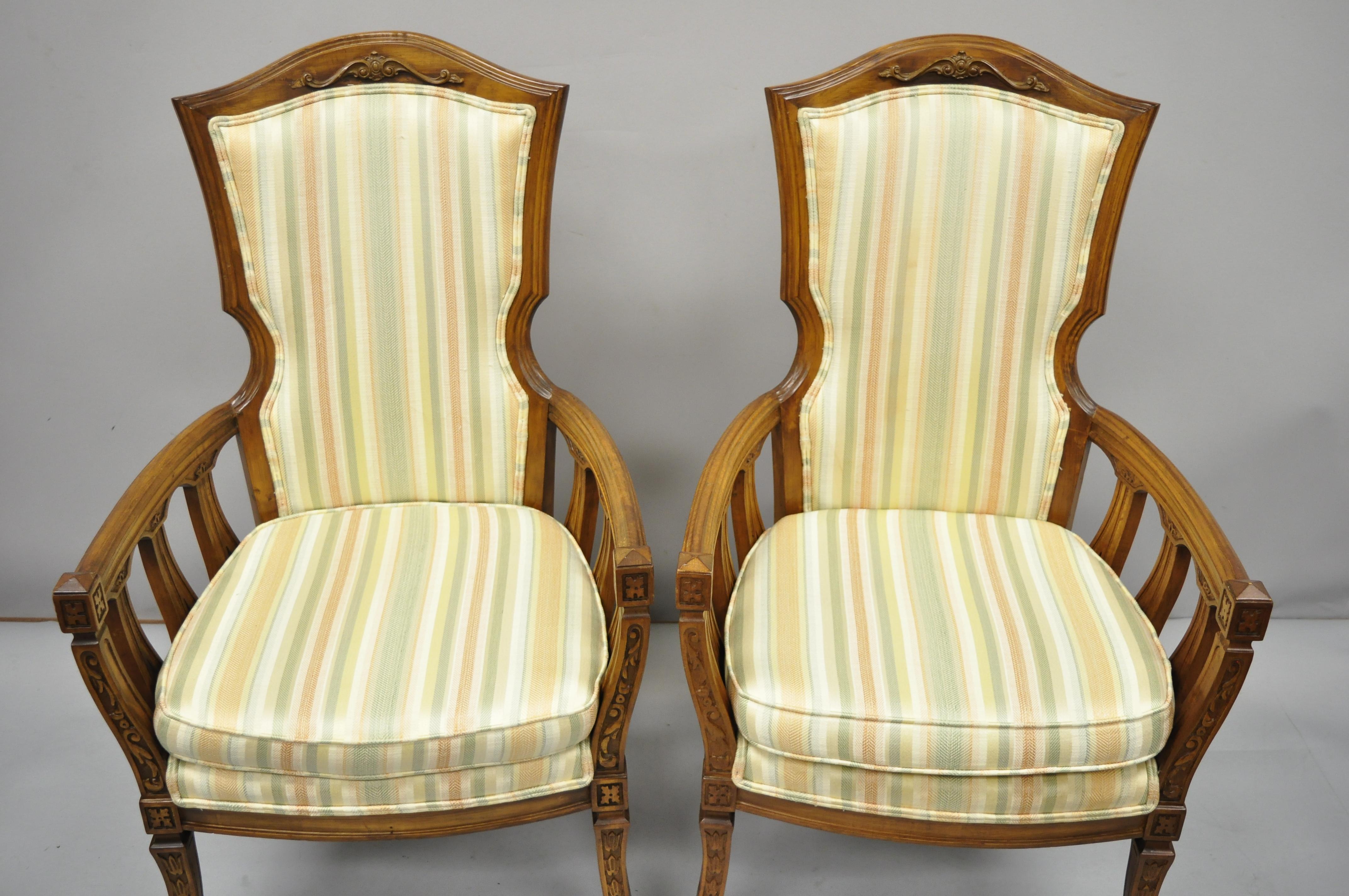 Pair of Vintage French Provincial Hollywood Regency Tall Back Lounge Armchairs In Good Condition For Sale In Philadelphia, PA