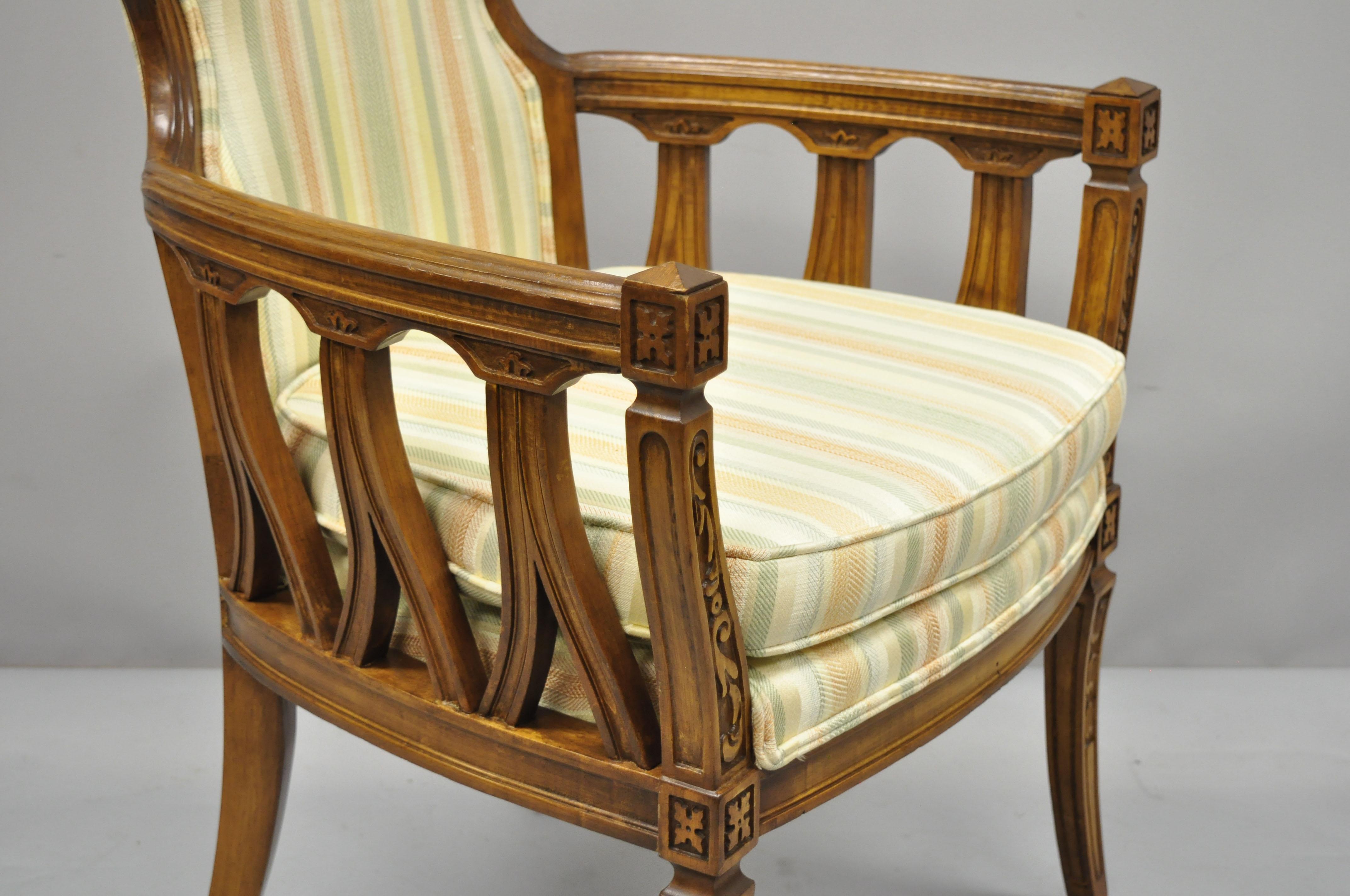 Fabric Pair of Vintage French Provincial Hollywood Regency Tall Back Lounge Armchairs For Sale