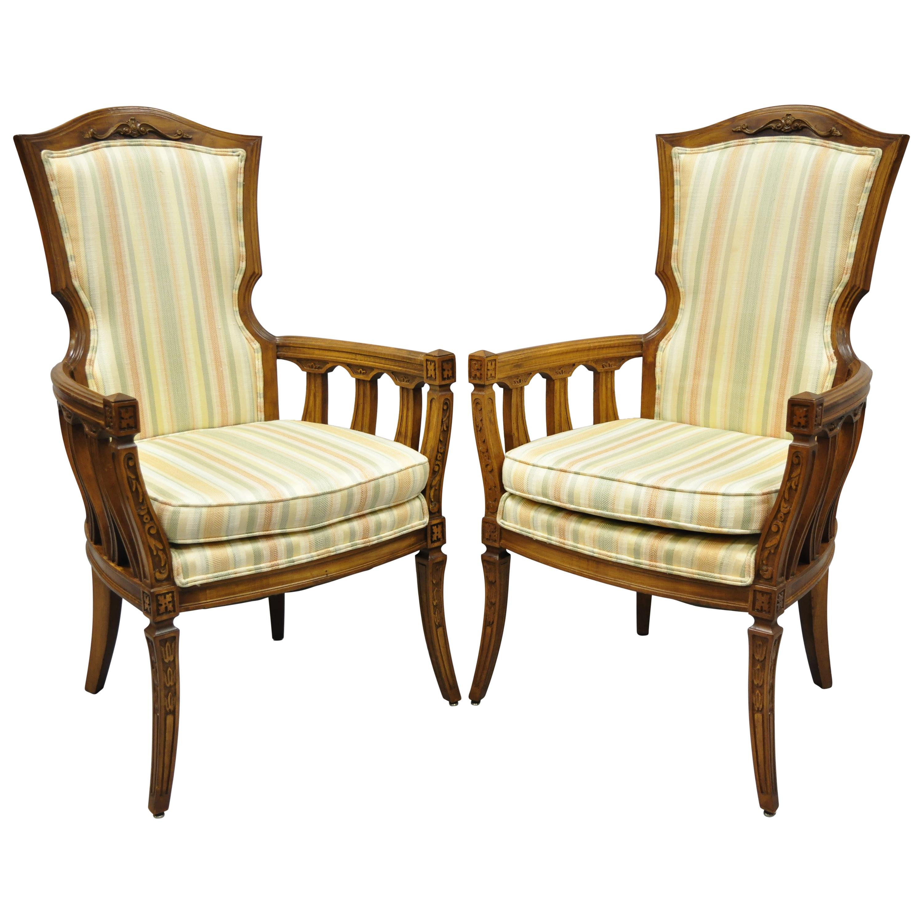 Pair of Vintage French Provincial Hollywood Regency Tall Back Lounge Armchairs For Sale