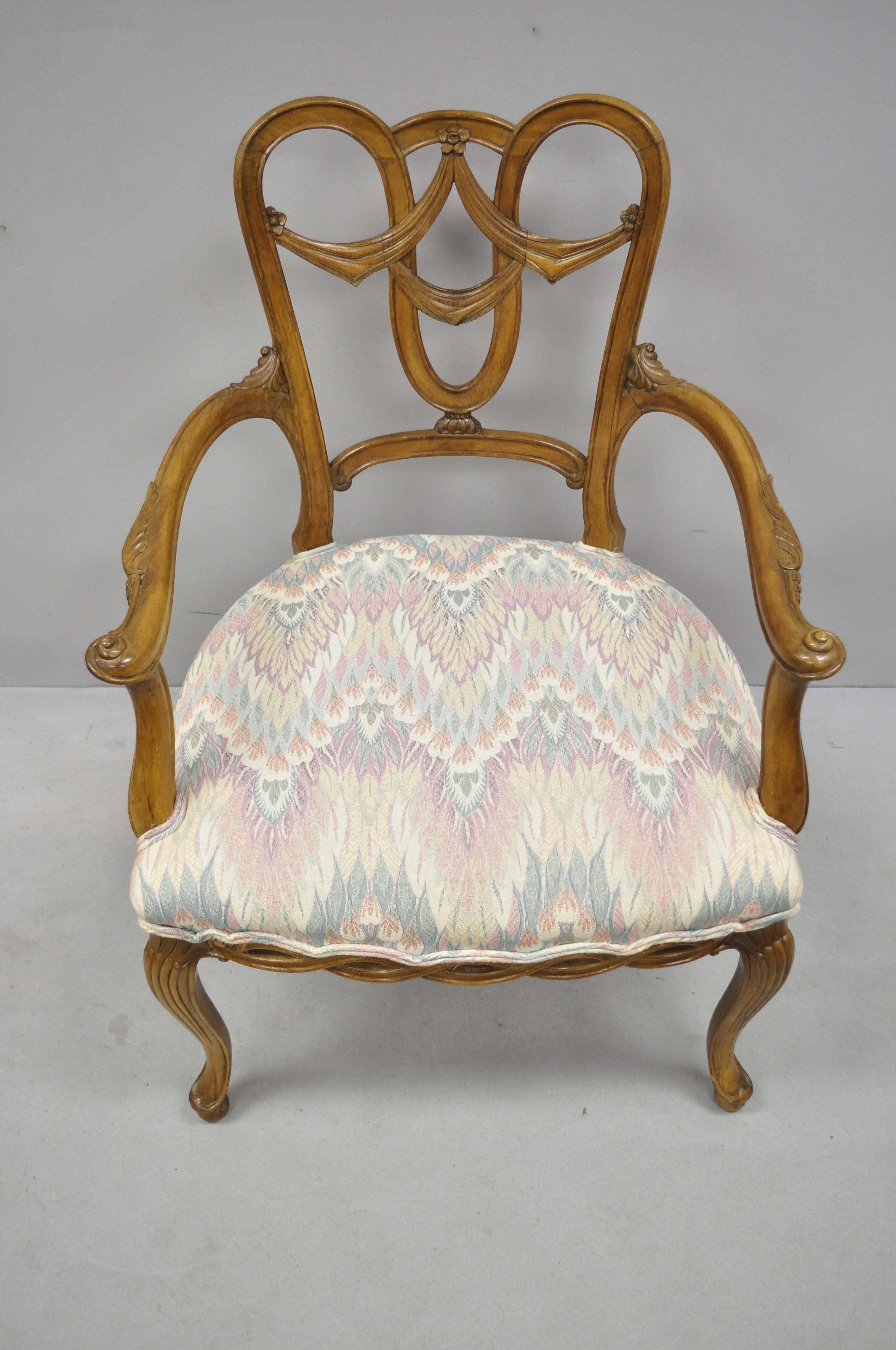 Pair of Vintage French Provincial Louis XV Style Drape Carved Dining Arm Chairs 4