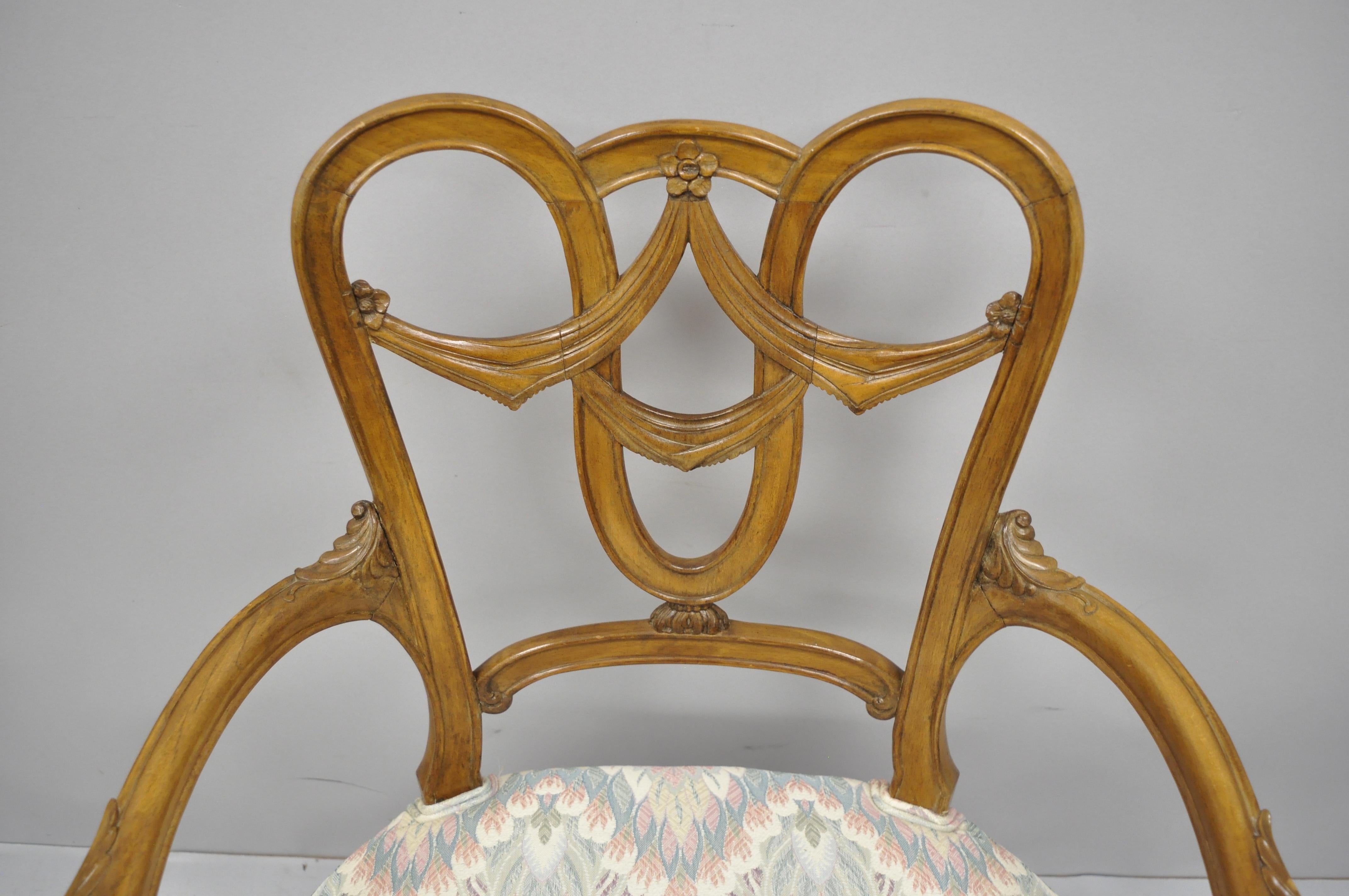 American Pair of Vintage French Provincial Louis XV Style Drape Carved Dining Arm Chairs