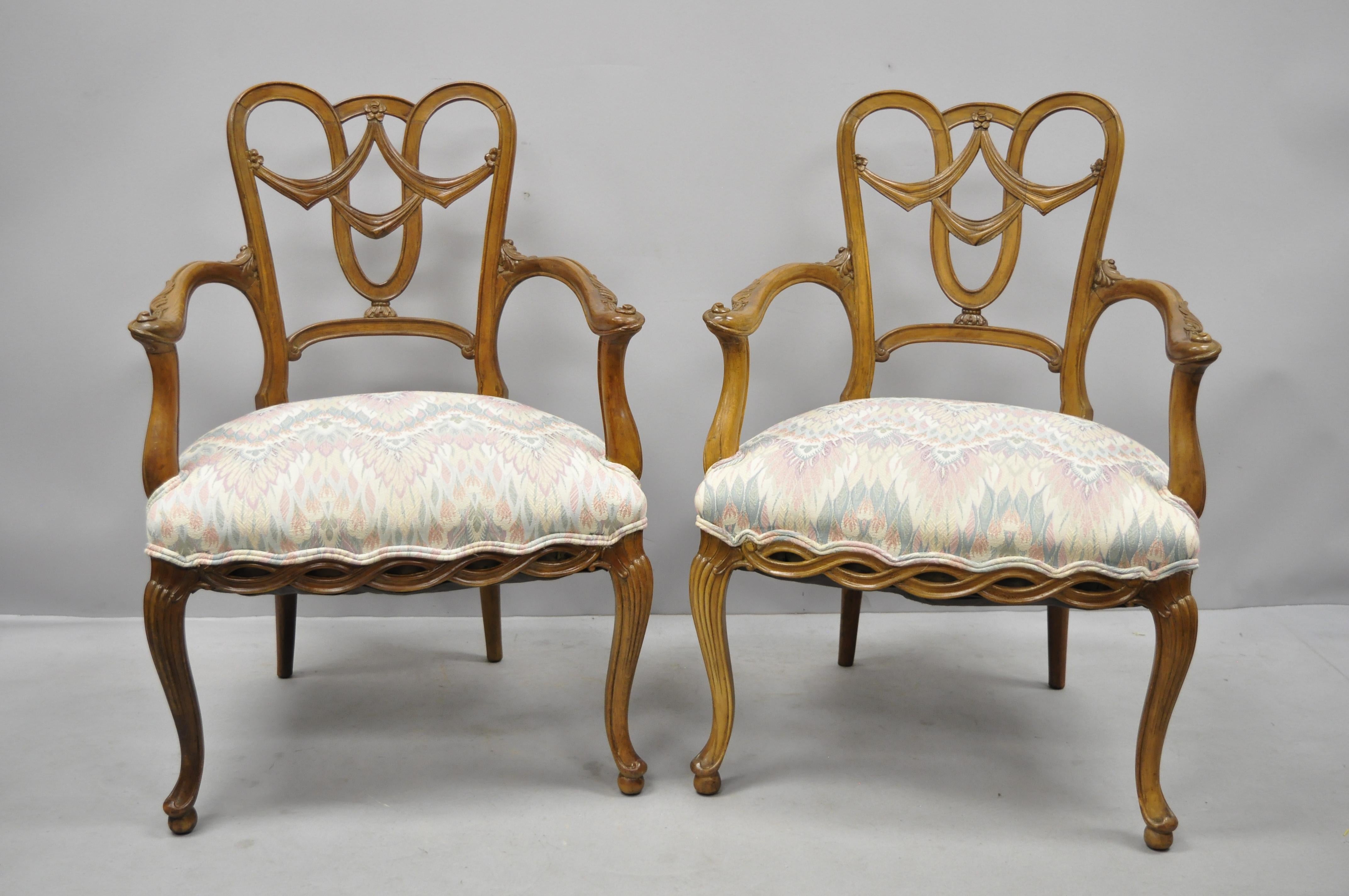 Pair of Vintage French Provincial Louis XV Style Drape Carved Dining Arm Chairs In Good Condition In Philadelphia, PA