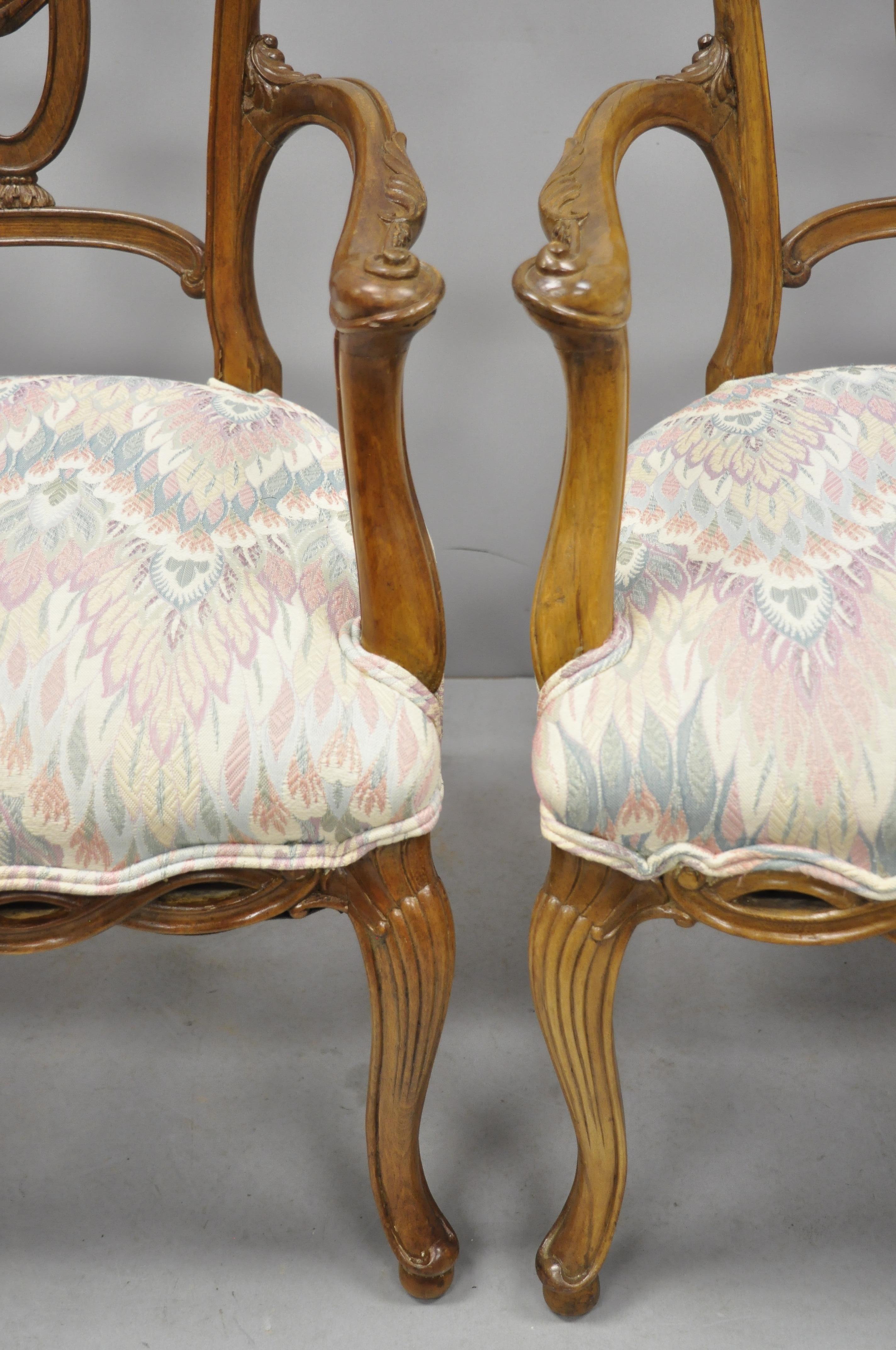 20th Century Pair of Vintage French Provincial Louis XV Style Drape Carved Dining Arm Chairs