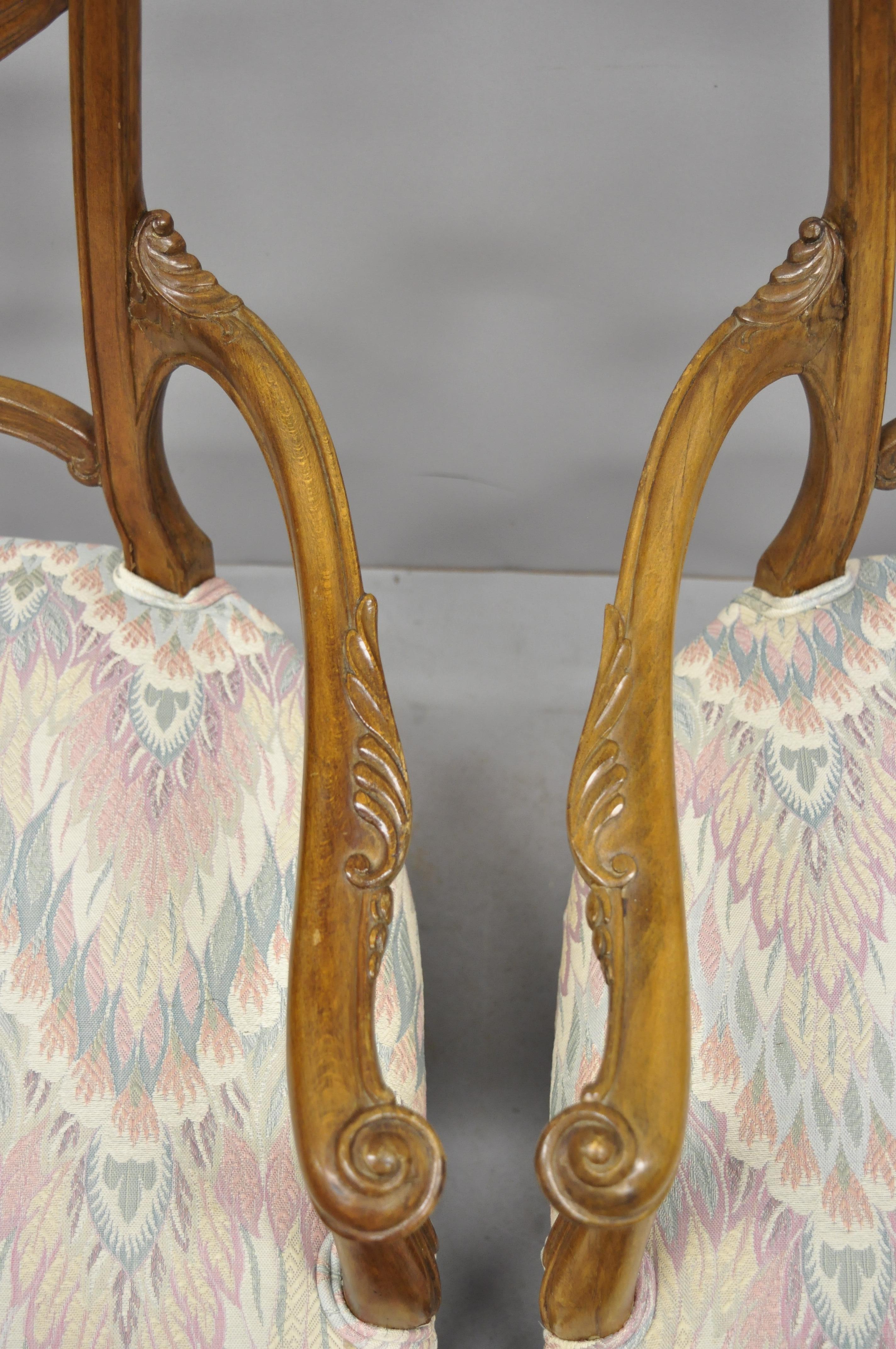 Walnut Pair of Vintage French Provincial Louis XV Style Drape Carved Dining Arm Chairs
