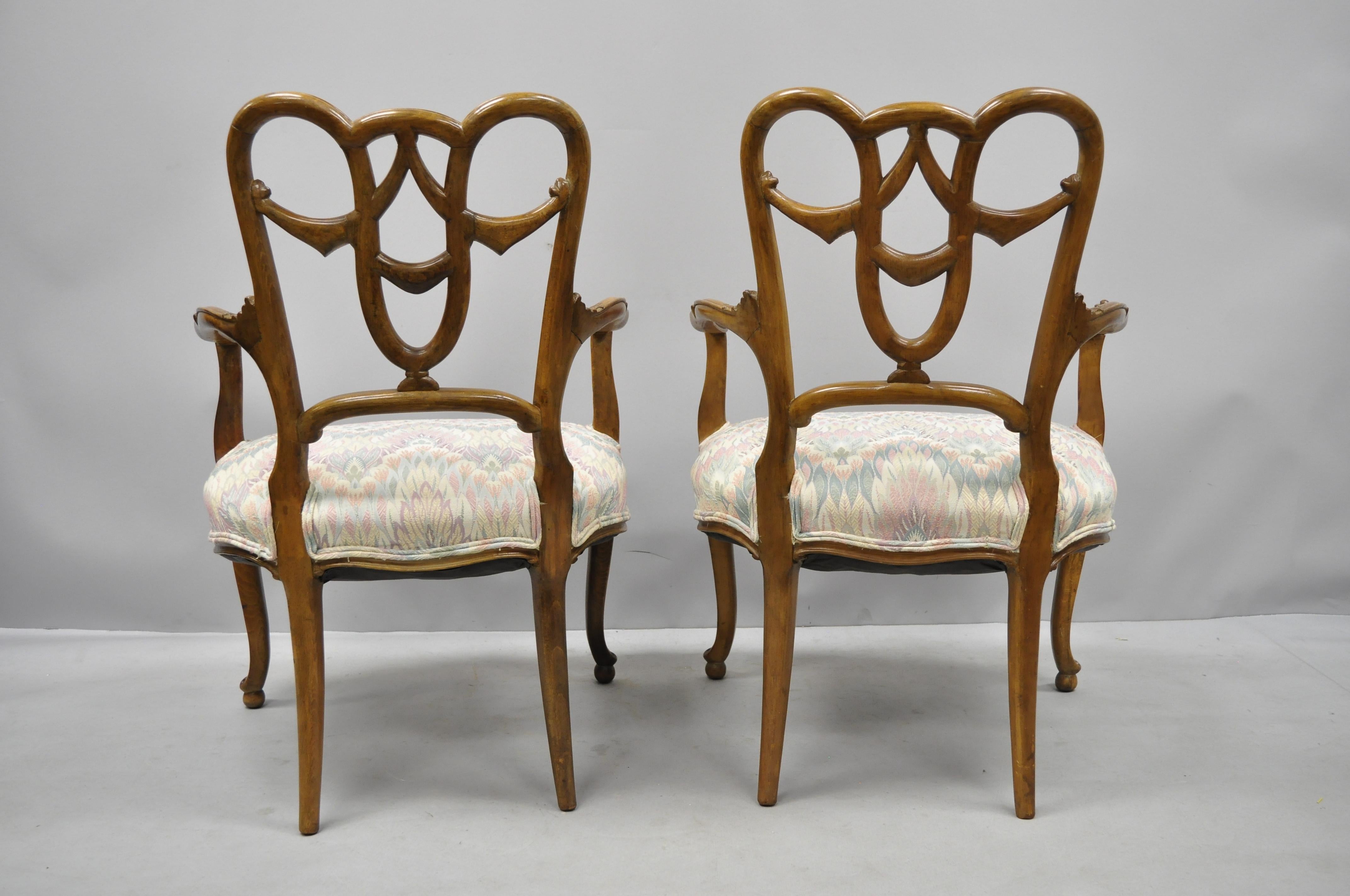 Pair of Vintage French Provincial Louis XV Style Drape Carved Dining Arm Chairs 3