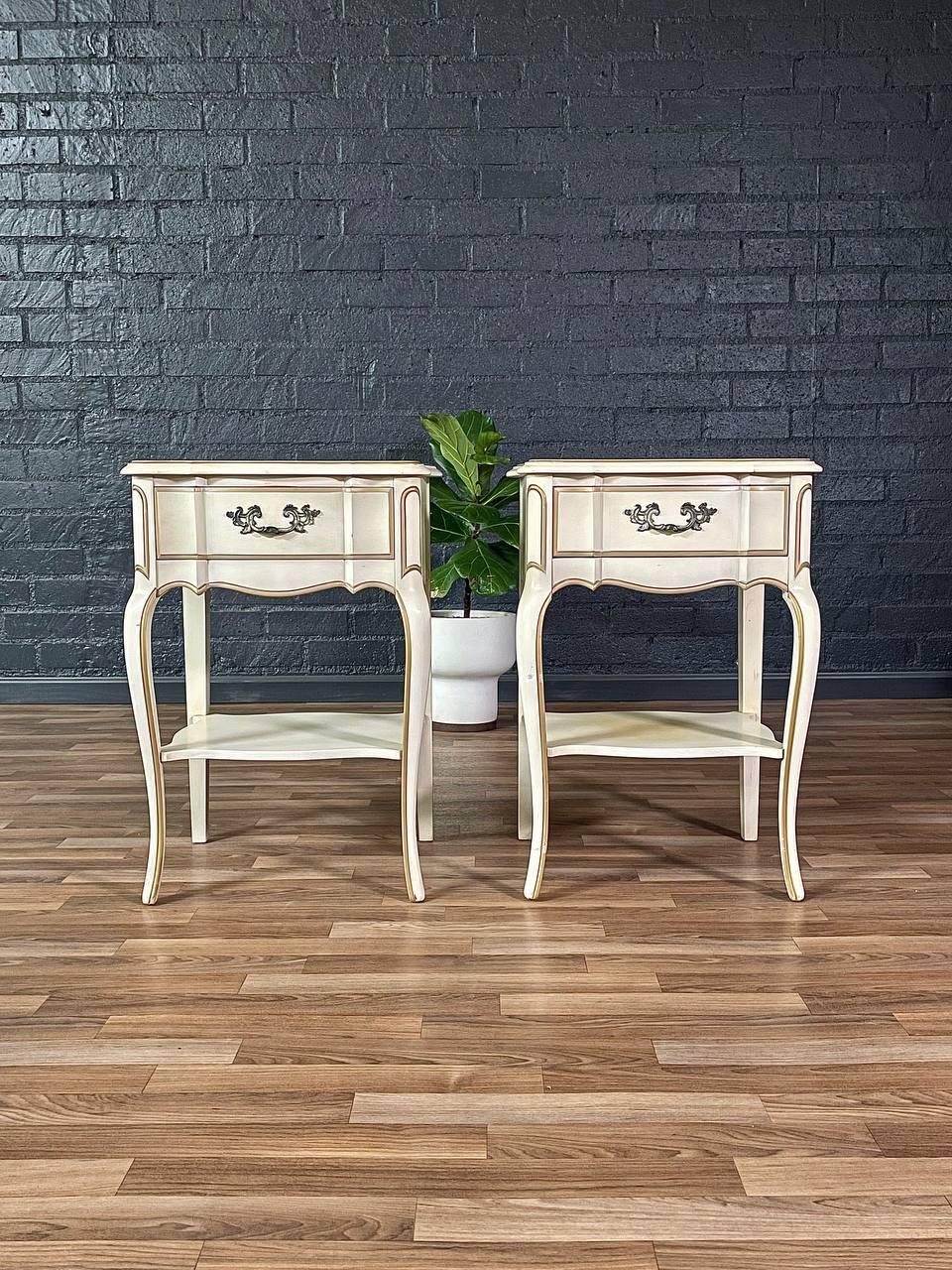 Mid-20th Century Pair of Vintage French Provincial Style Night Stands in Distressed Cream w/ Gold For Sale