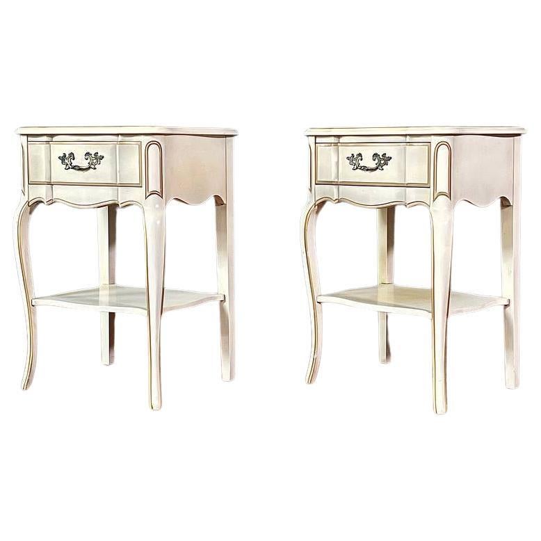 Pair of Vintage French Provincial Style Night Stands in Distressed Cream w/ Gold
