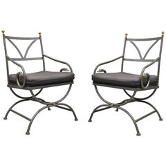 Pair of Vintage French Regency Wrought Iron Frame Curule Swan Armchairs, Cramco