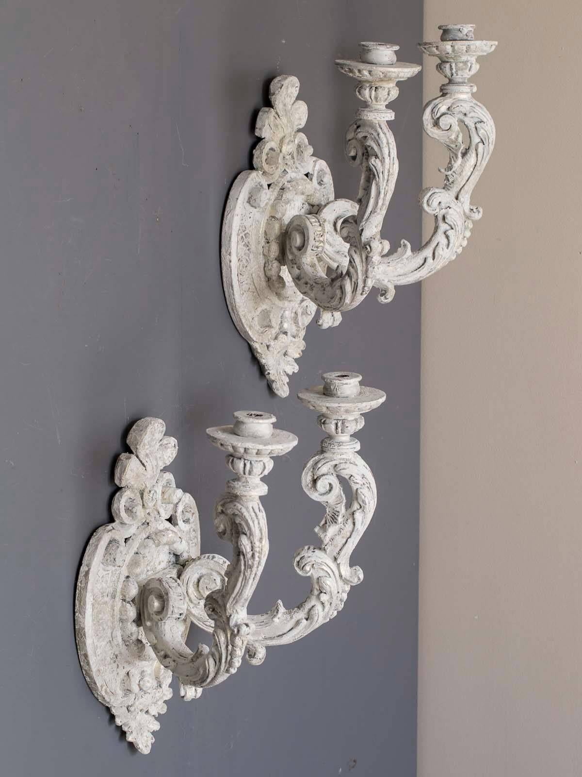 Hand-Painted Pair of Vintage French Regency Style Two-Arm Painted Sconces, circa 1950 For Sale