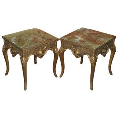 Pair of Vintage French Side Tables with Gold Gilt Style Finish & Faux Marble Top