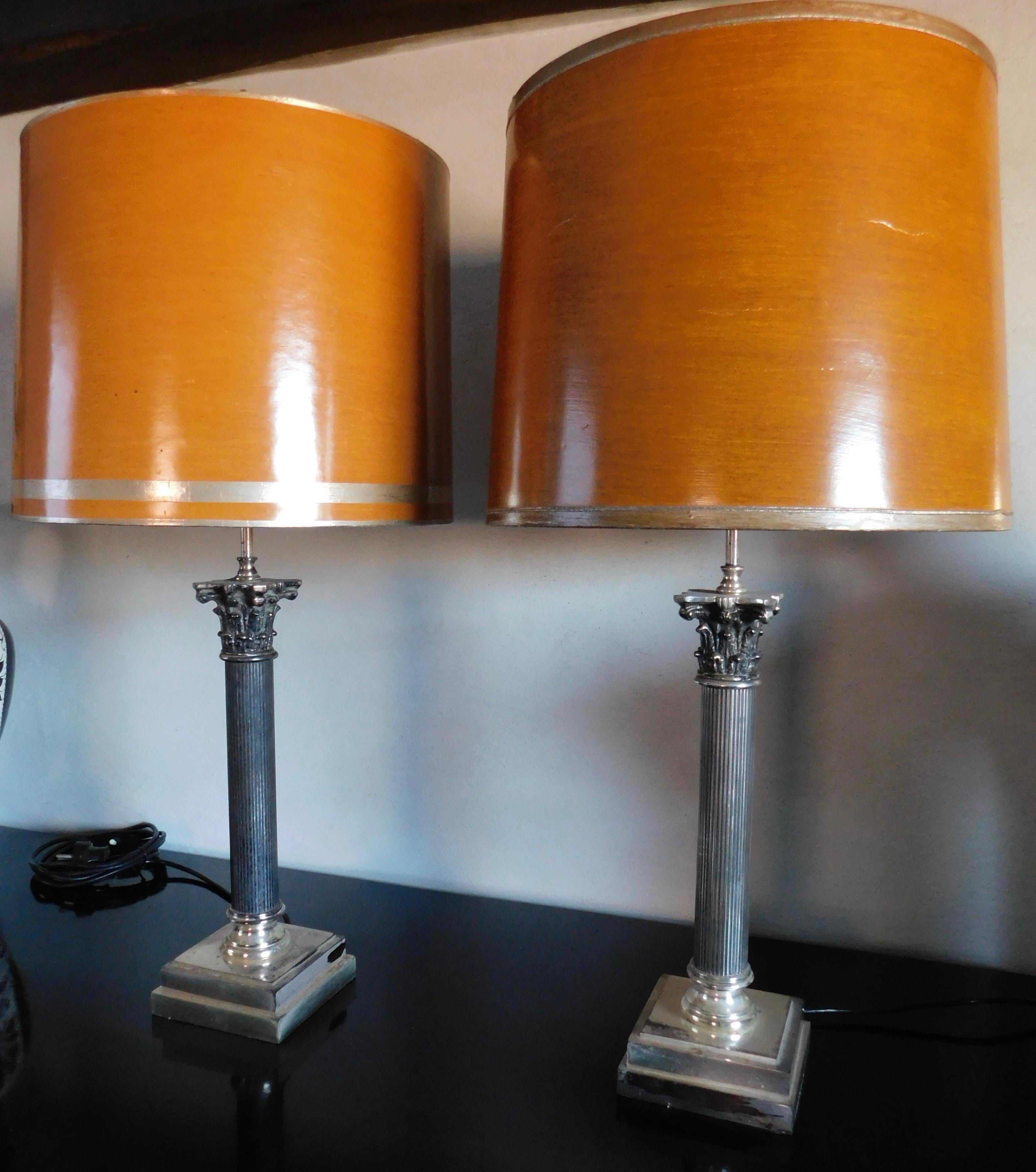 Neoclassical Pair of Vintage French Silver Plated Classical Column Lamps For Sale