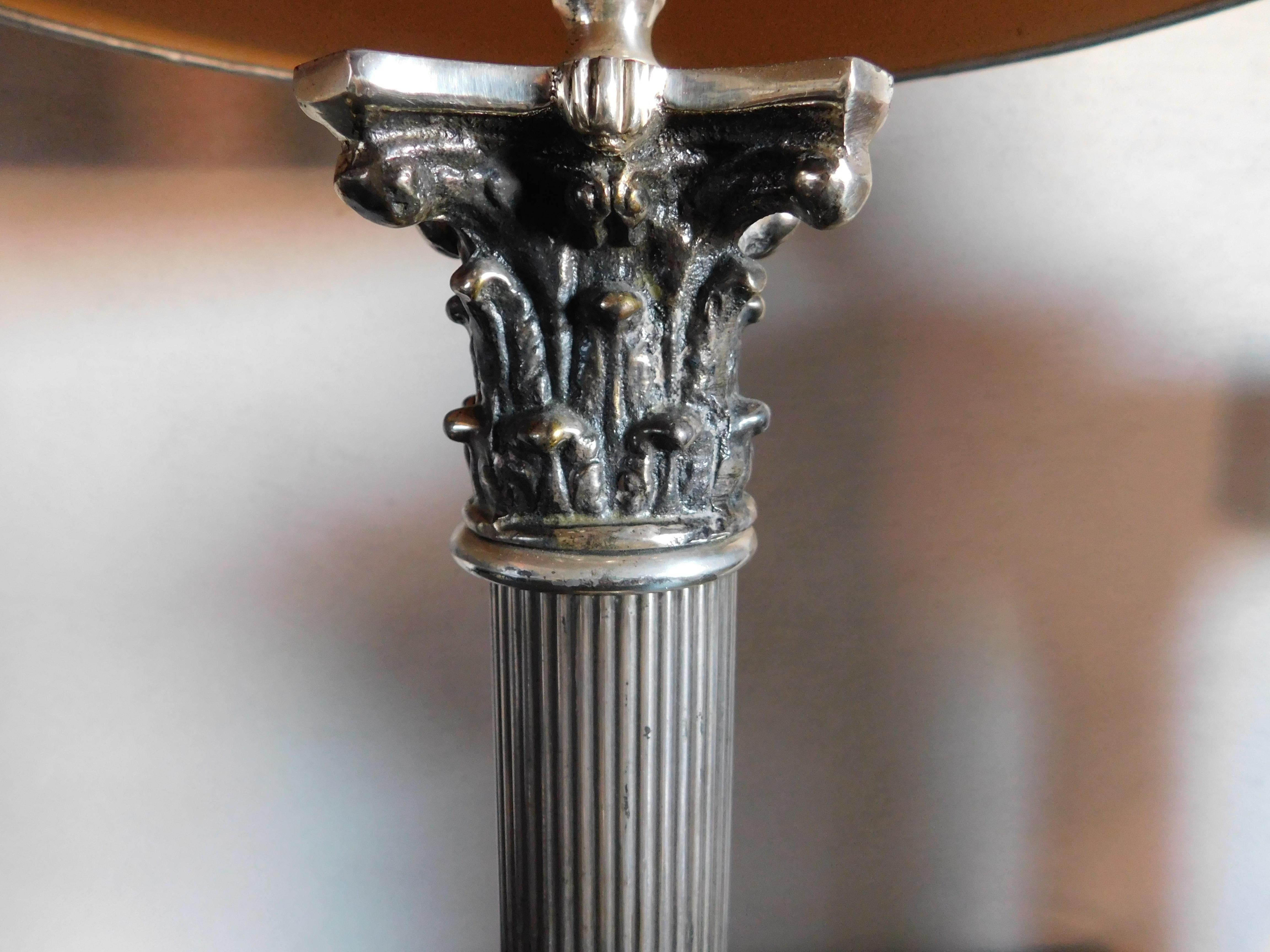 Pair of Vintage French Silver Plated Classical Column Lamps For Sale 2